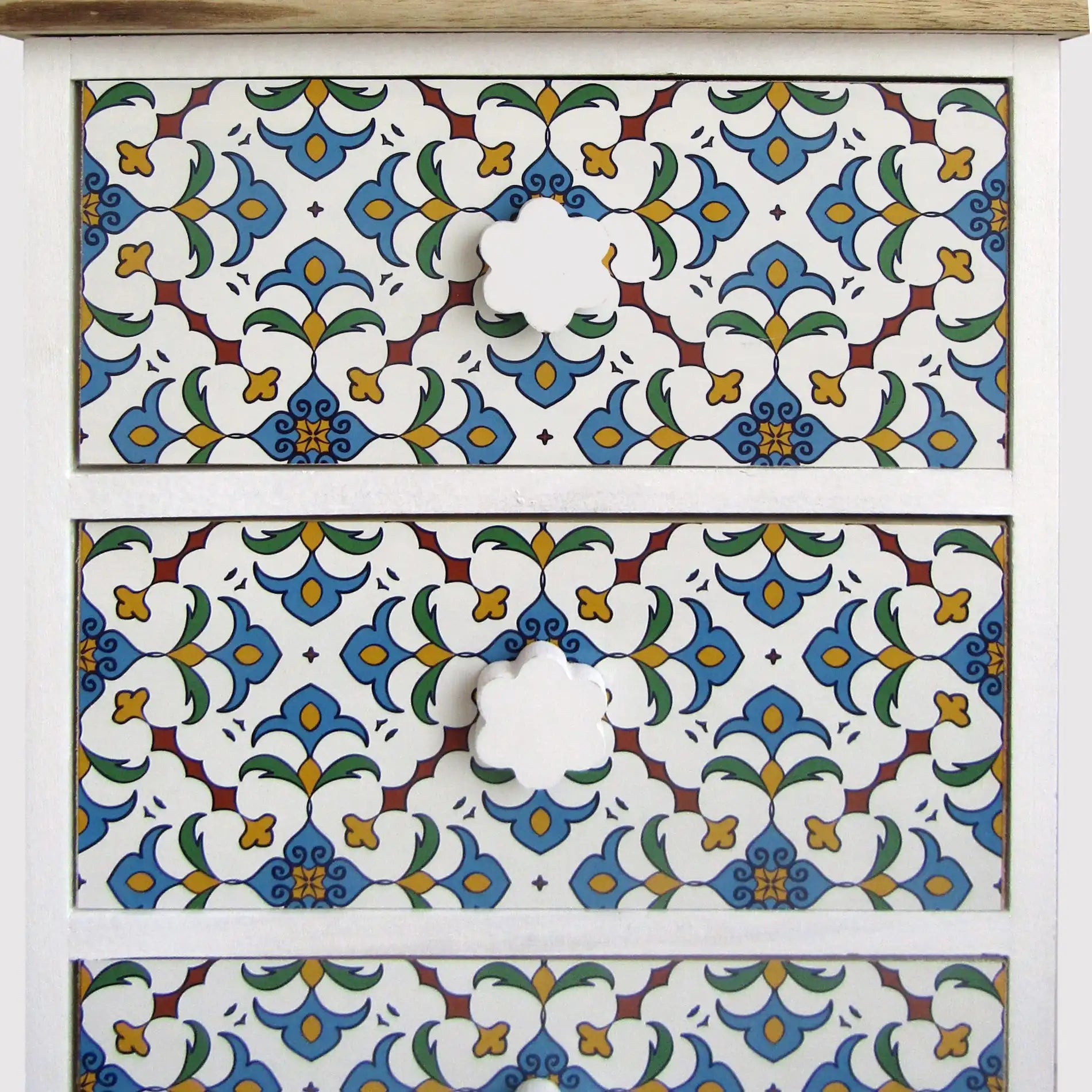 Tecoma - Comodino decorato con maioliche e in legno naturale