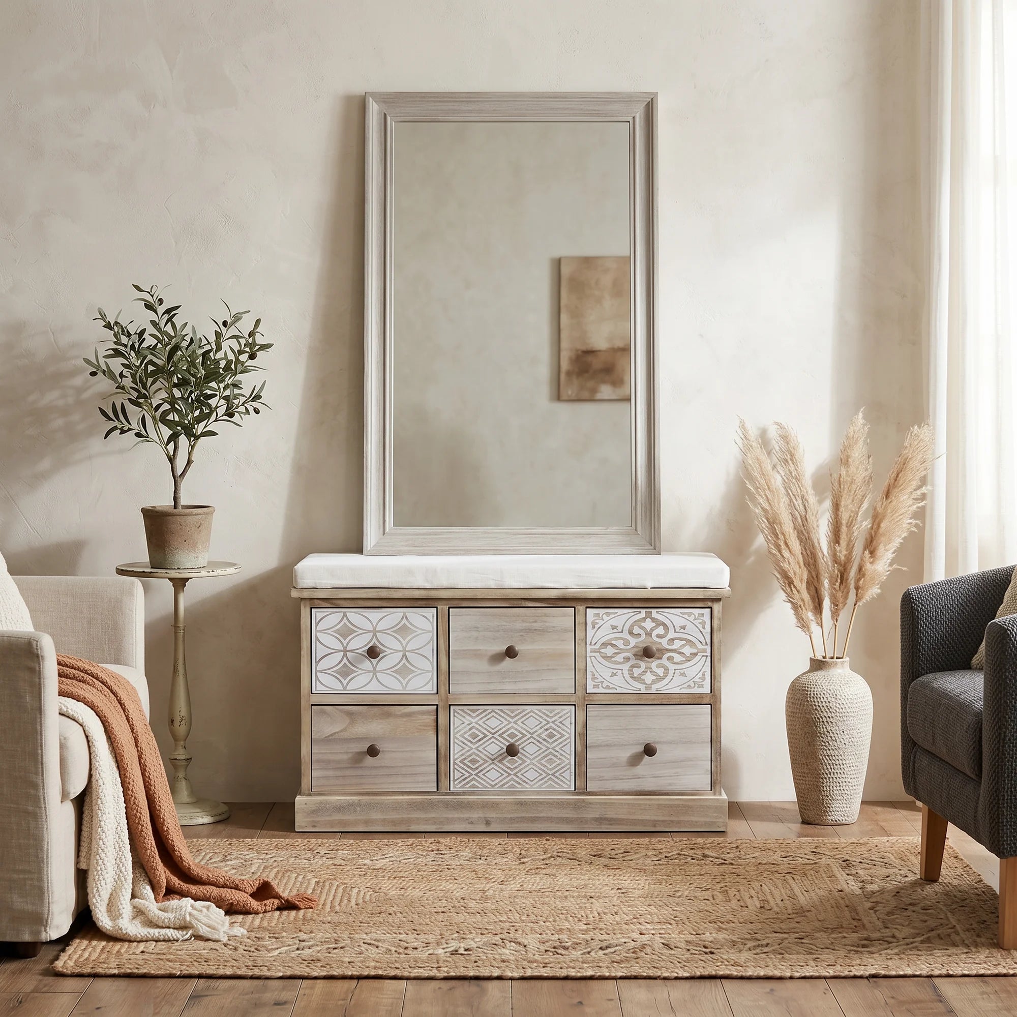 Persea - Cassapanca con cassetti decorati in stile boho