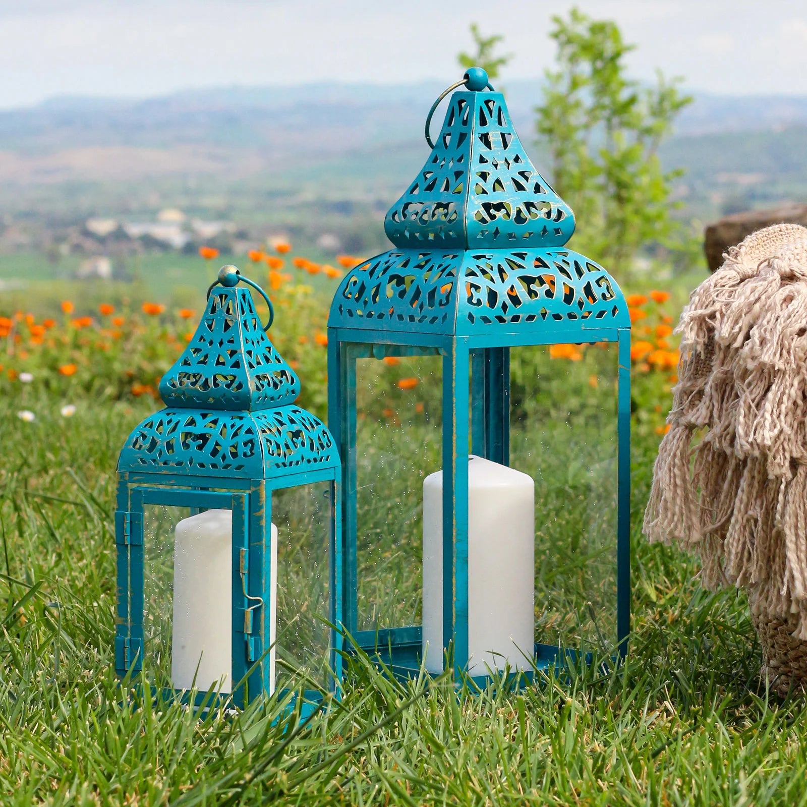 Ortensia - Set di 2 lanterne blu in metallo