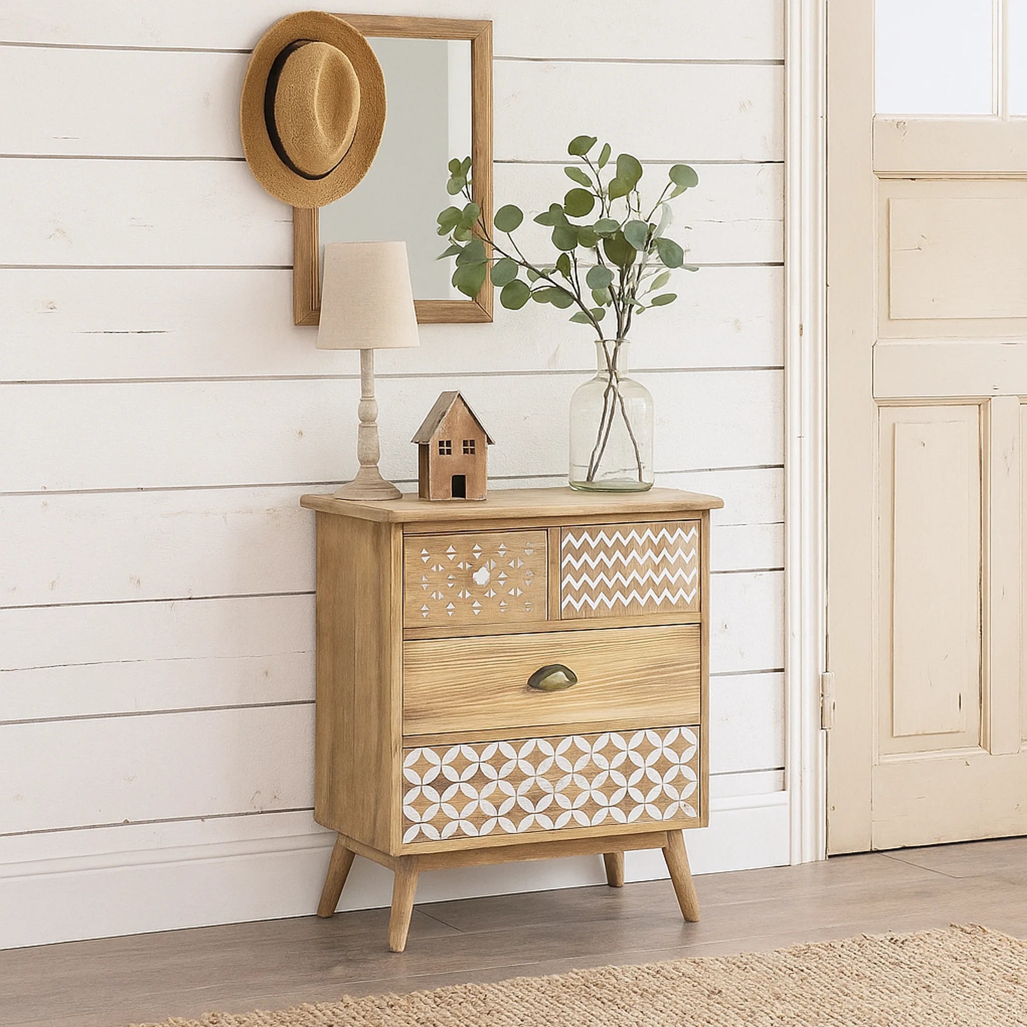 Feijoa - Mobile basso in stile boho chic con 4 cassetti