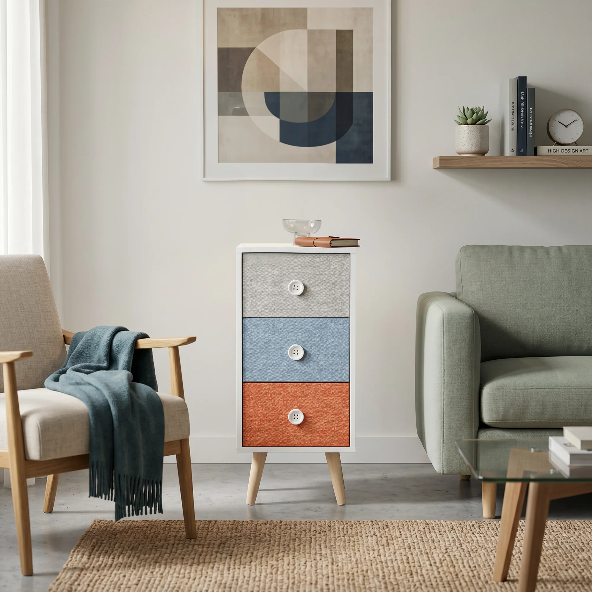 Clarkia - Comodino in legno con 3 cassetti colorati