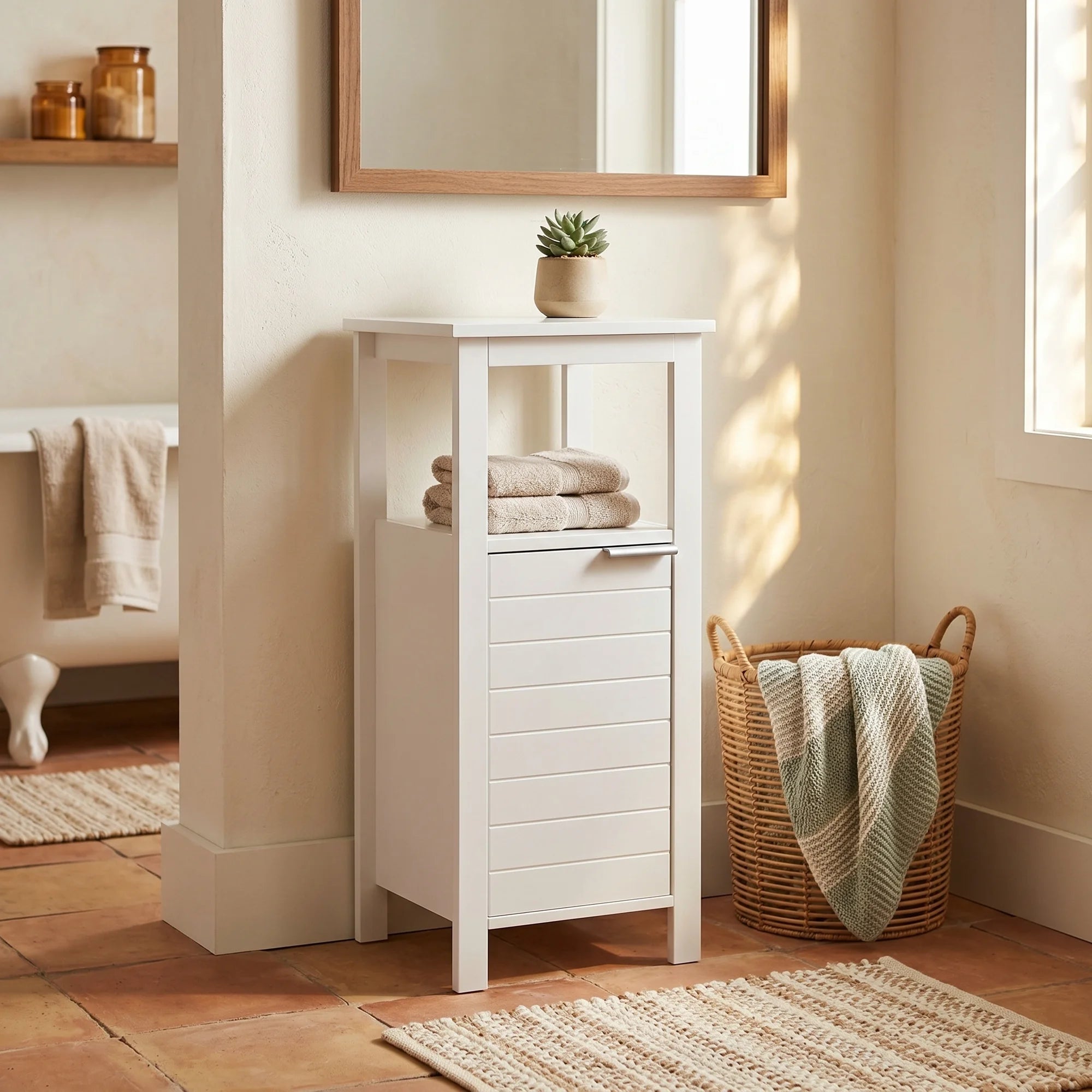 Weißer Badezimmerschrank mit 1 Tür und Platzsparer