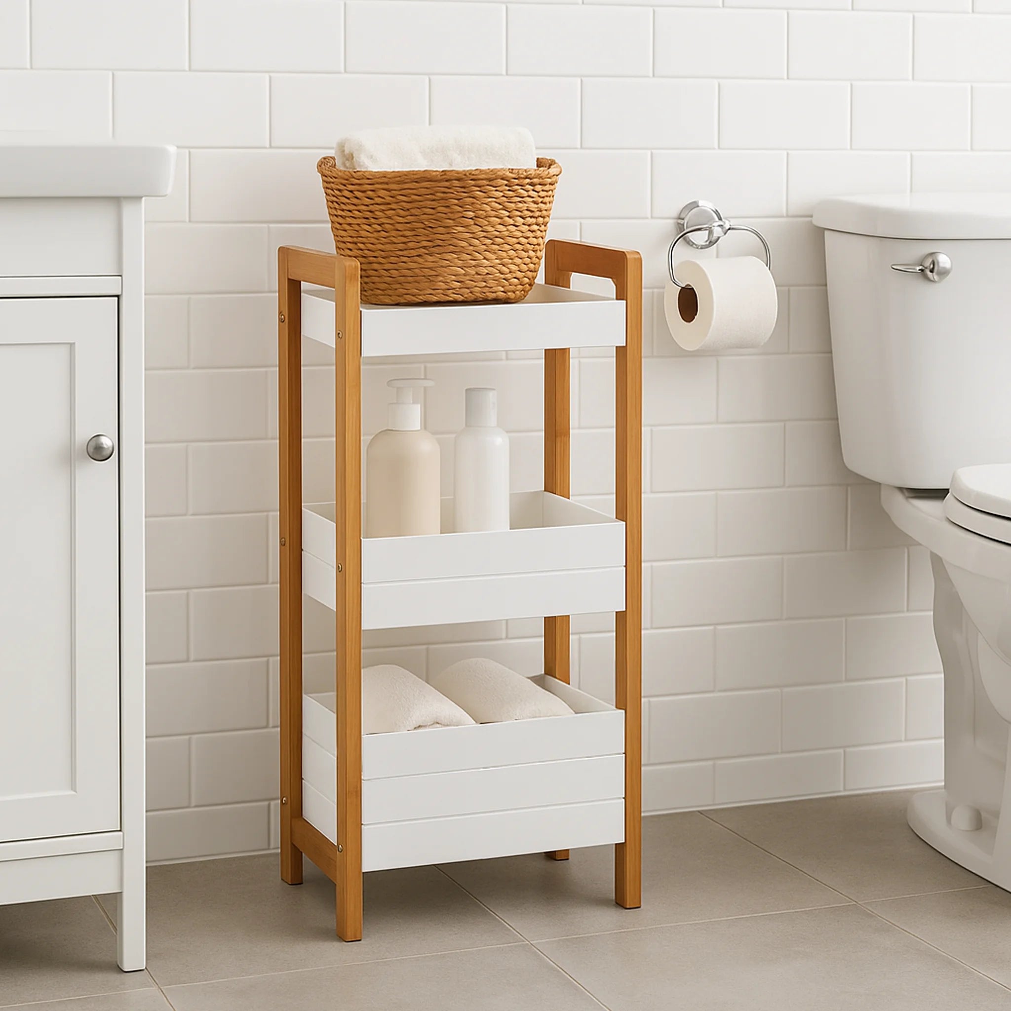 Étagère gain de place avec 3 étagères pour salle de bain ou cuisine