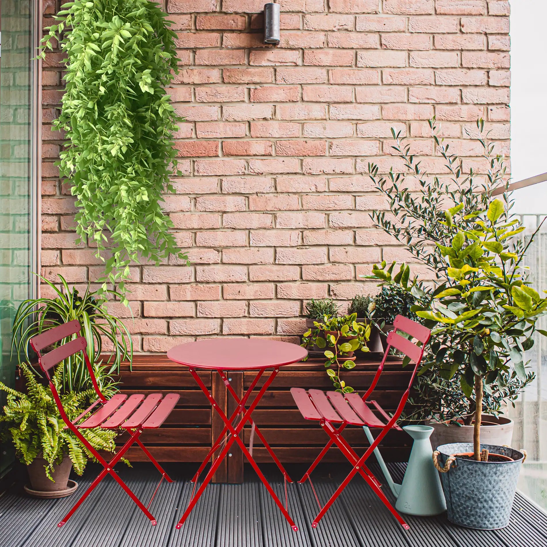 Seyal - Set bistrot rosso da esterno con tavolino e 2 sedie pieghevoli
