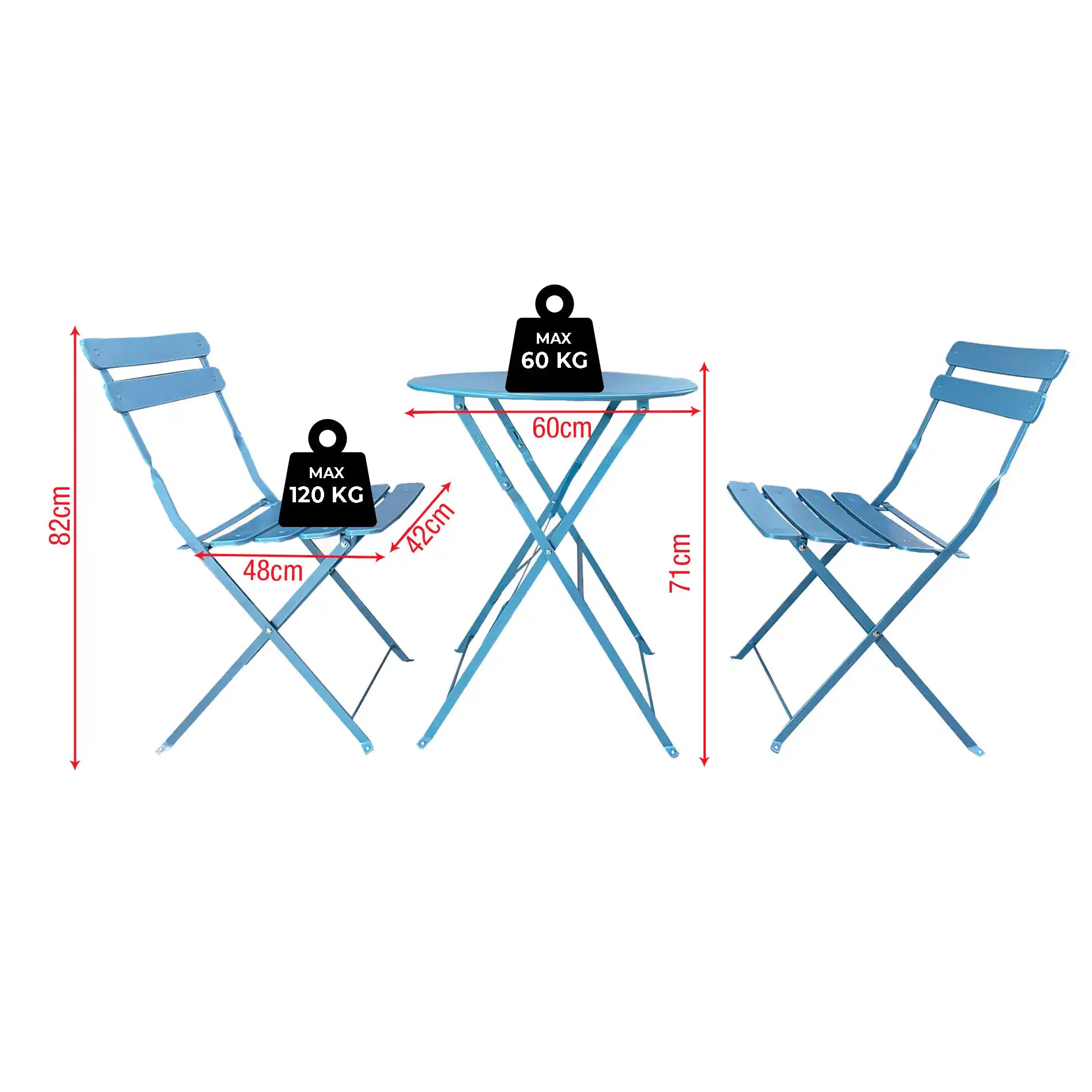 Azalea - Set tavolo e 2 sedie da balcone pieghevoli blu chiaro