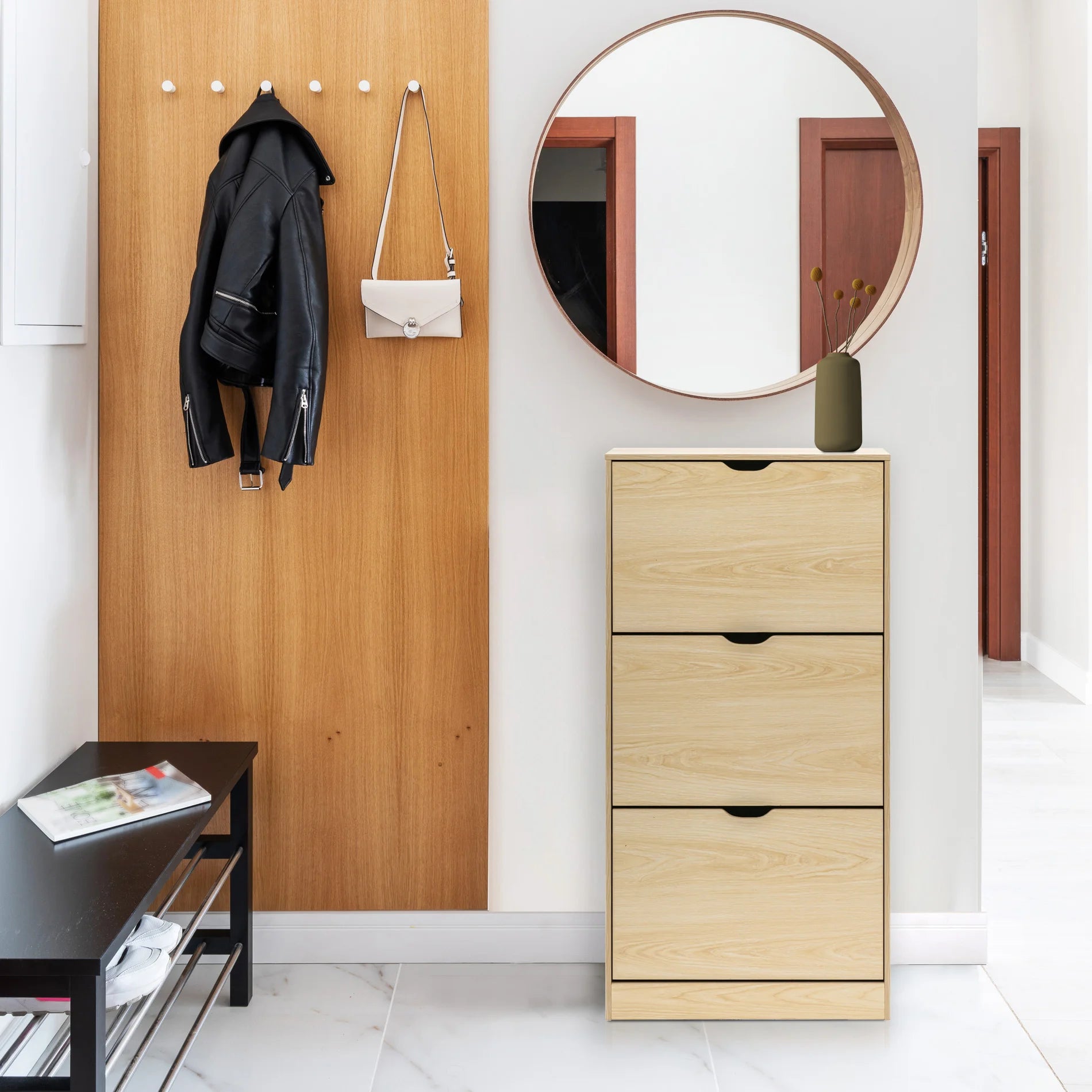 Mamey - Scarpiera da ingresso marrone chiaro con 3 ante