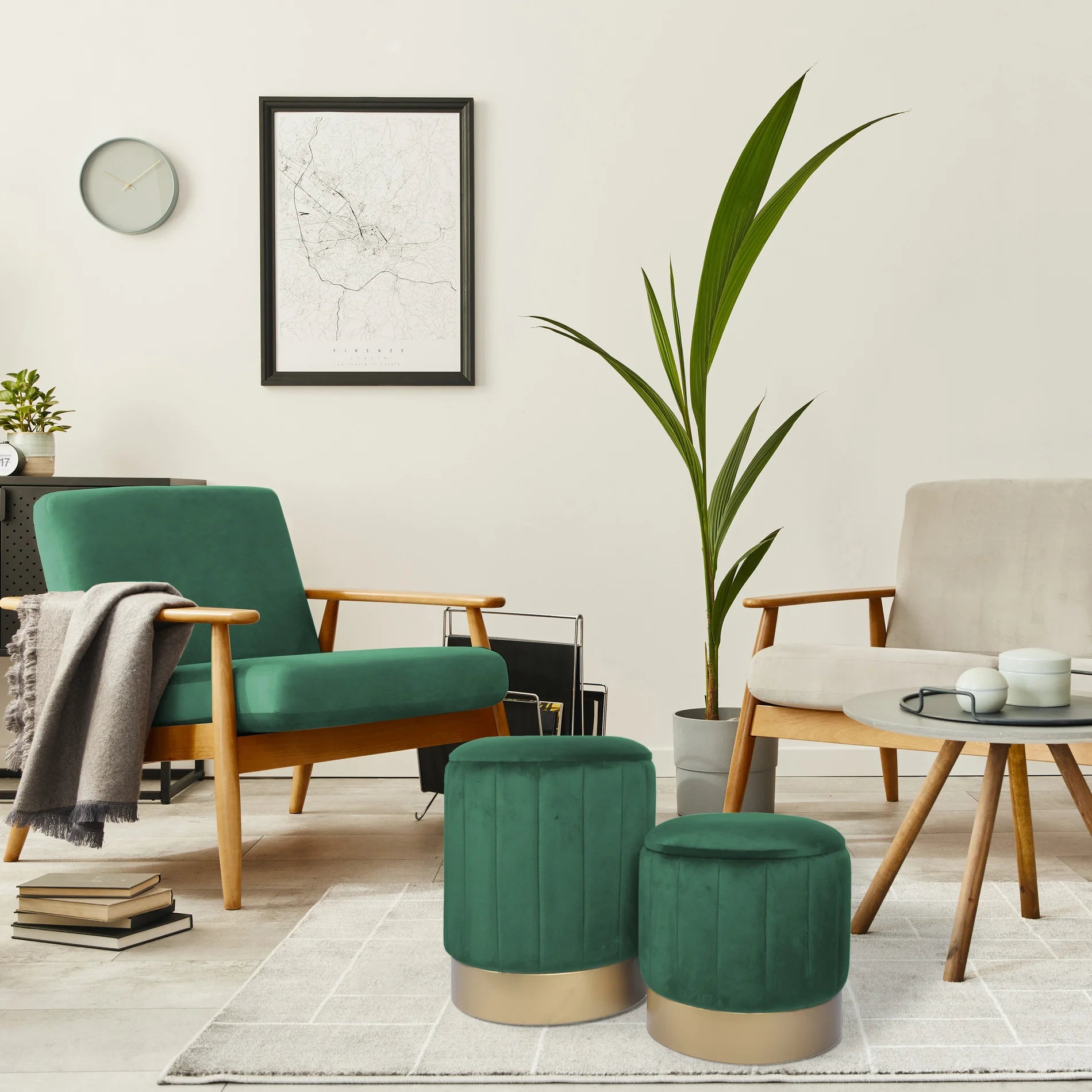 Giunco - Set di 2 pouf in velluto verdi con contenitore