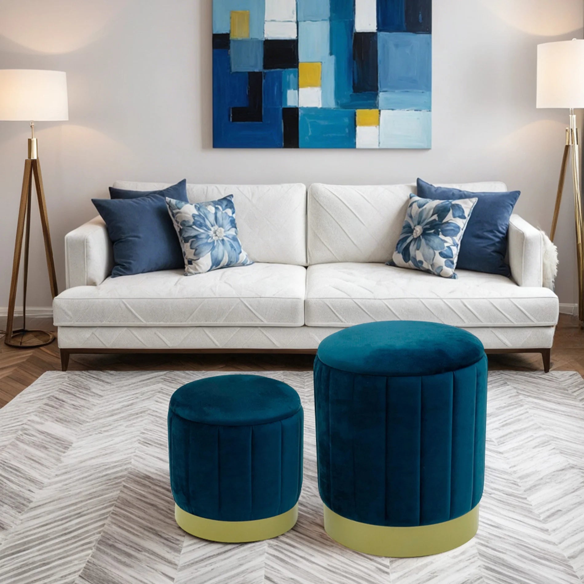 Cedrela - Set di 2 pouf poggiapiedi blu petrolio con contenitore