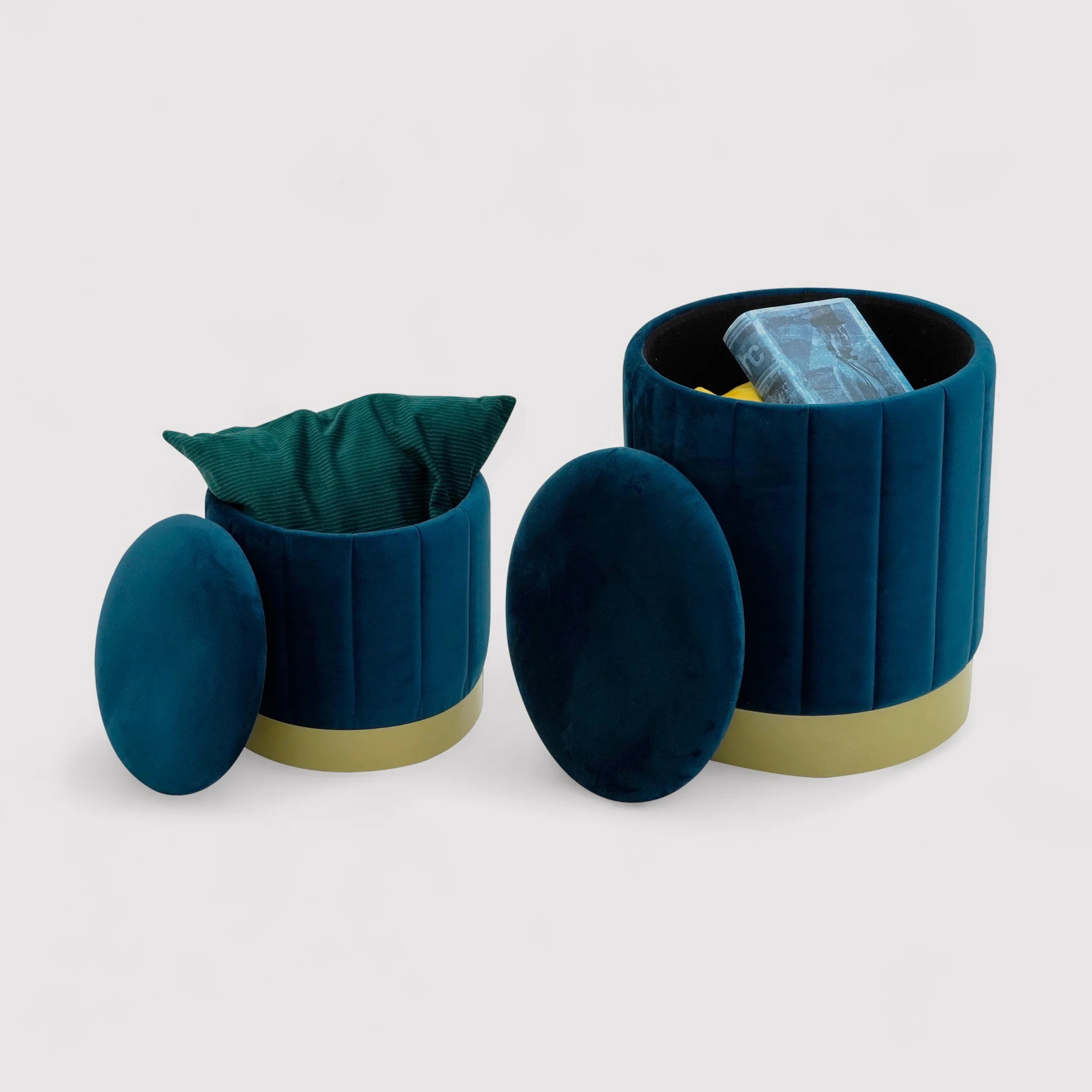 Cedrela - Set di 2 pouf poggiapiedi blu petrolio con contenitore