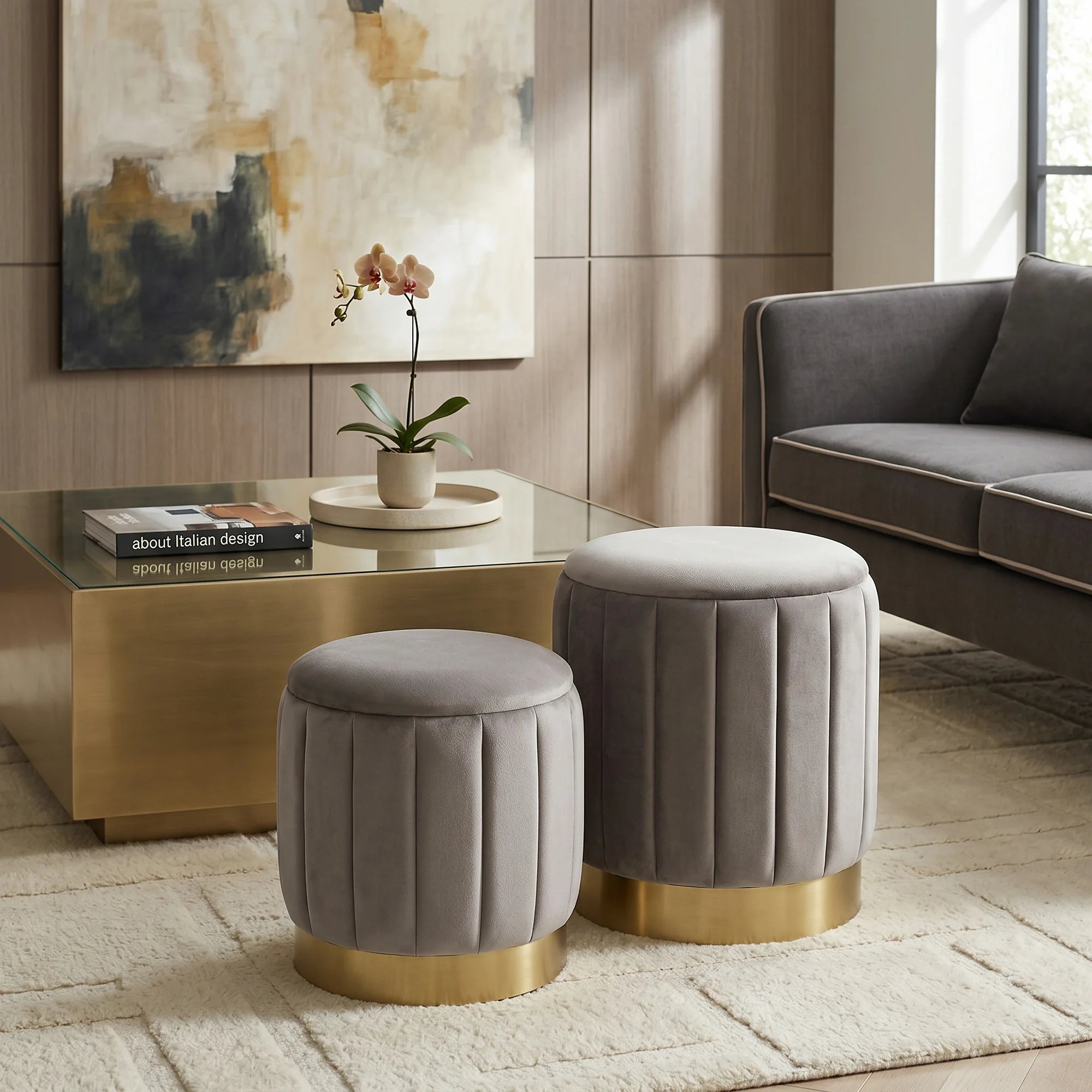 Entelea - Conjunto de 2 otomanas beige de terciopelo con almacenamiento