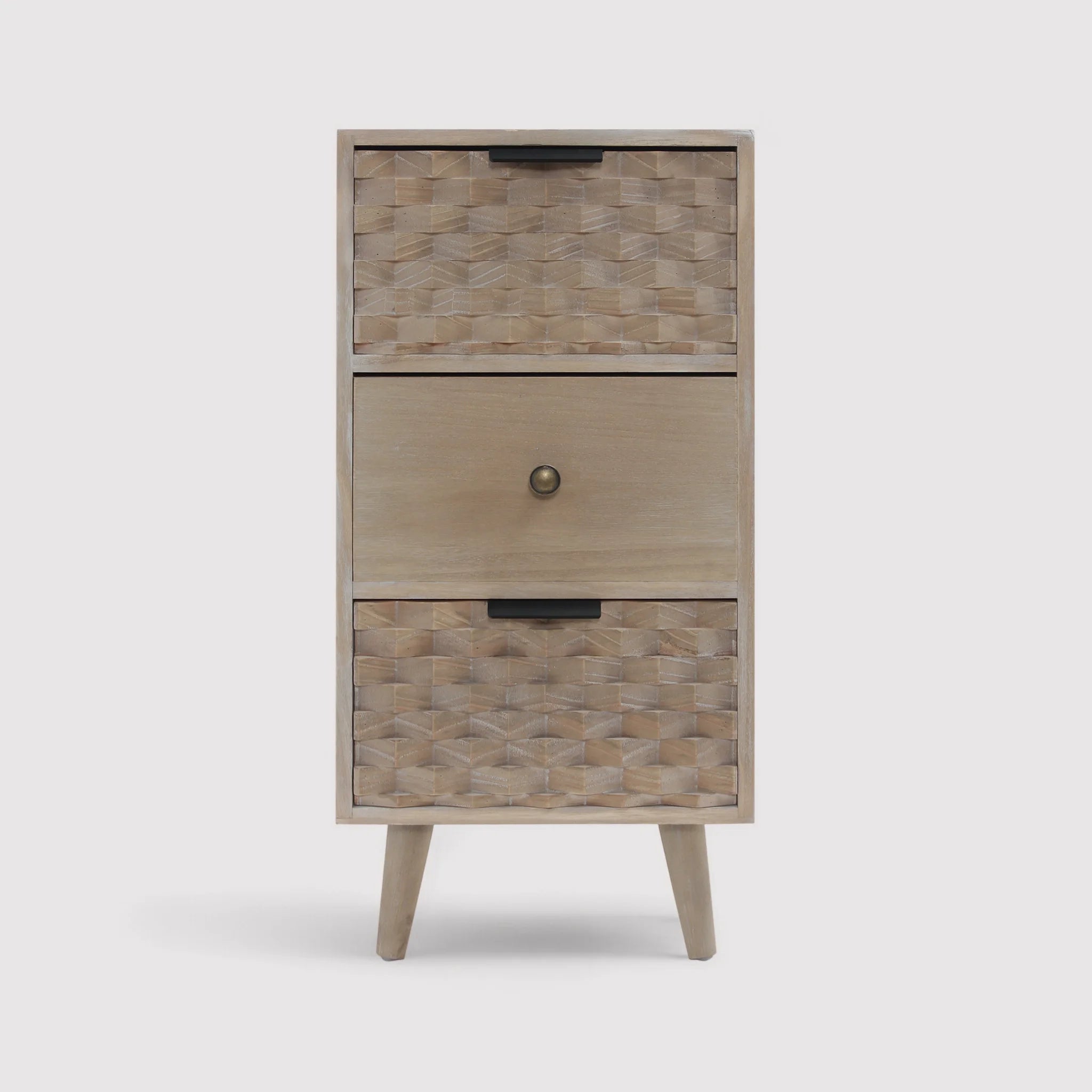 Crinum - Comodino stretto in legno naturale con 3 cassetti