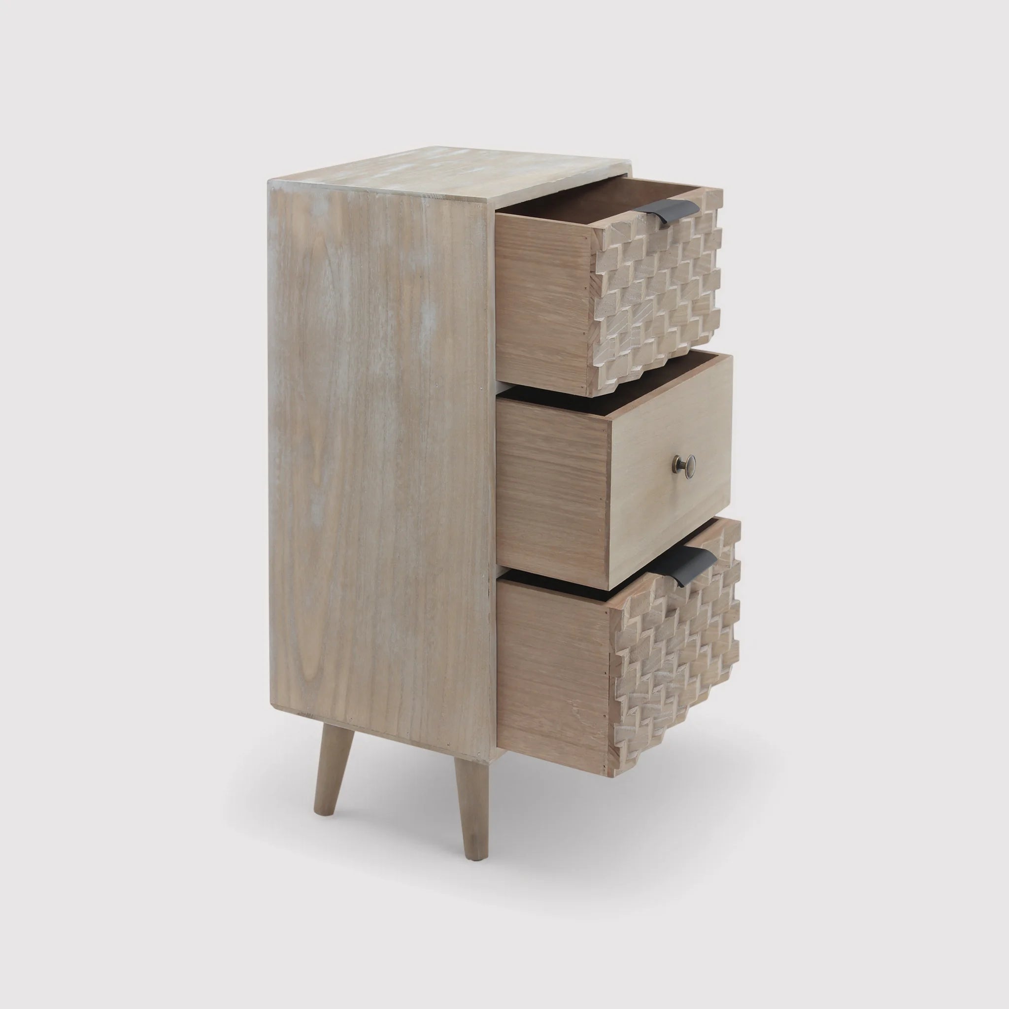 Crinum - Comodino stretto in legno naturale con 3 cassetti