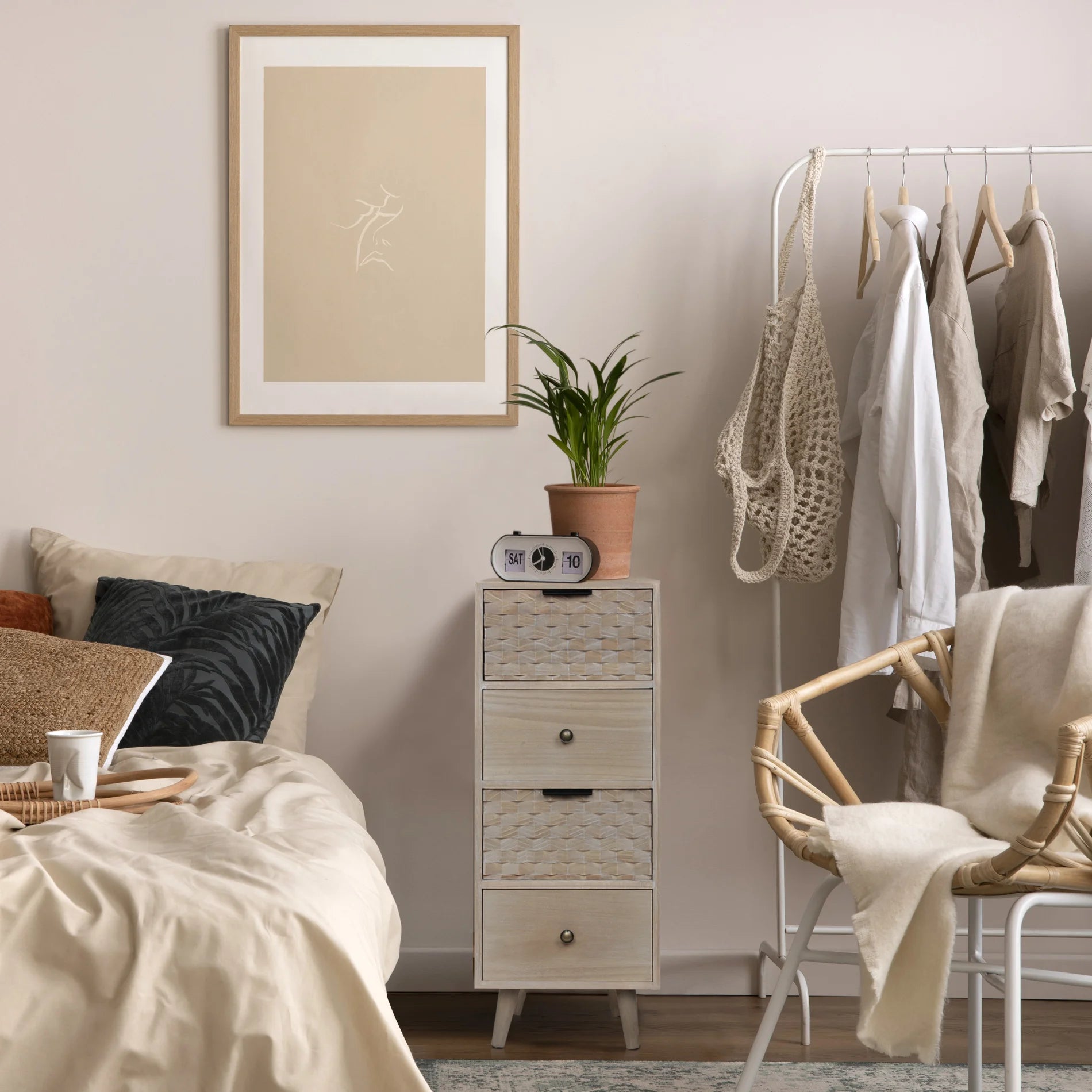 Palash - Cassettiera boho chic marrone con 4 cassetti