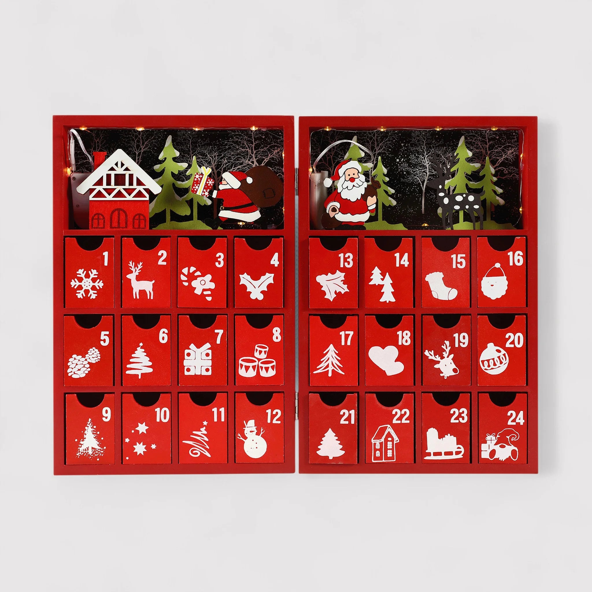 Emblica - Calendario dell'Avvento rosso con 24 cassettini e luci