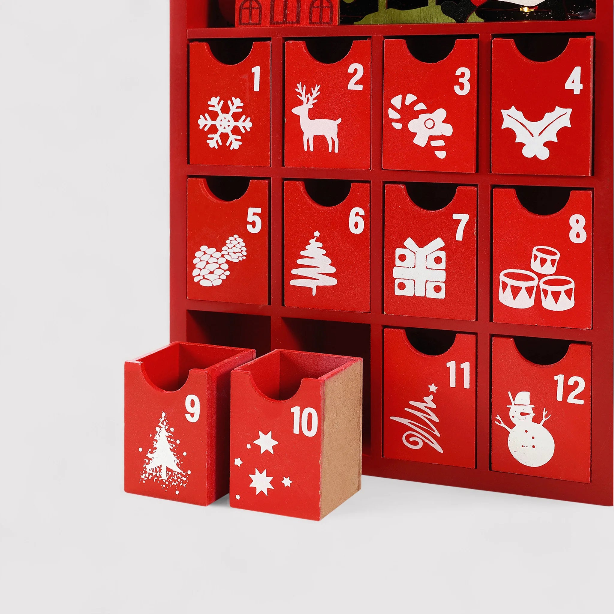 Emblica - Calendario dell'Avvento rosso con 24 cassettini e luci