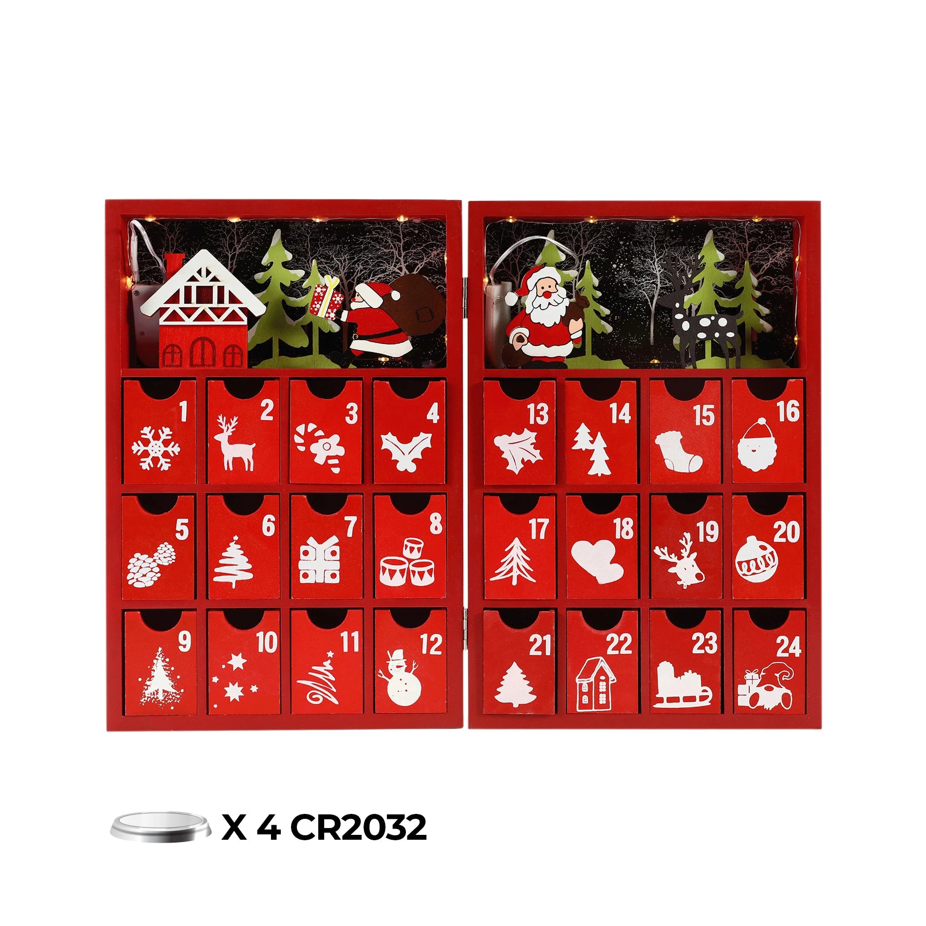 Emblica - Calendario dell'Avvento rosso con 24 cassettini e luci