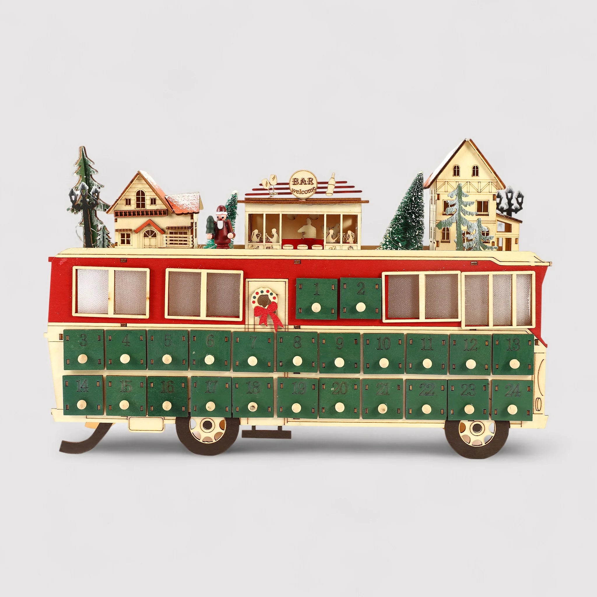 Yanagi - Calendario dell'Avvento a forma di treno con luci e cassetti