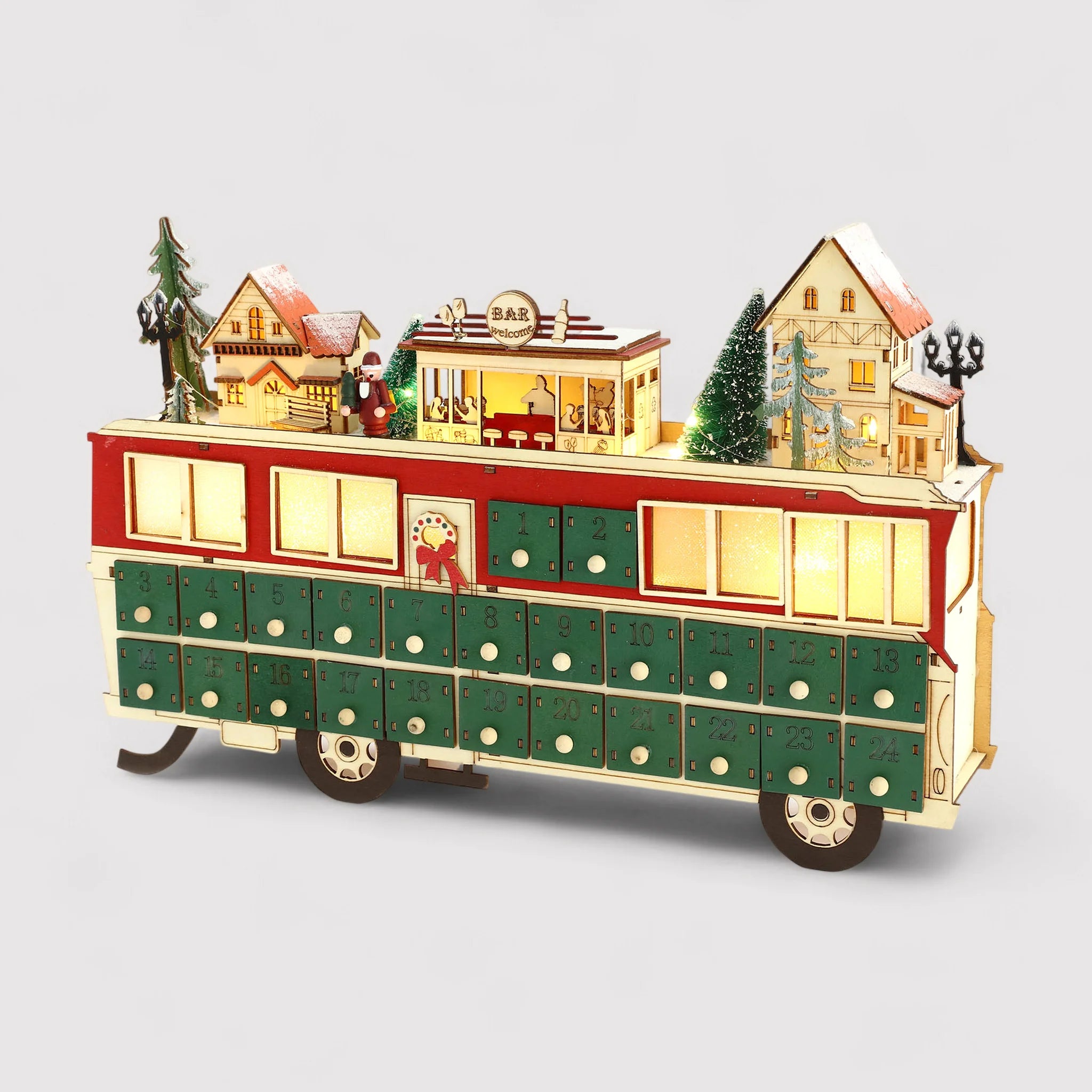 Yanagi - Calendario dell'Avvento a forma di treno con luci e cassetti