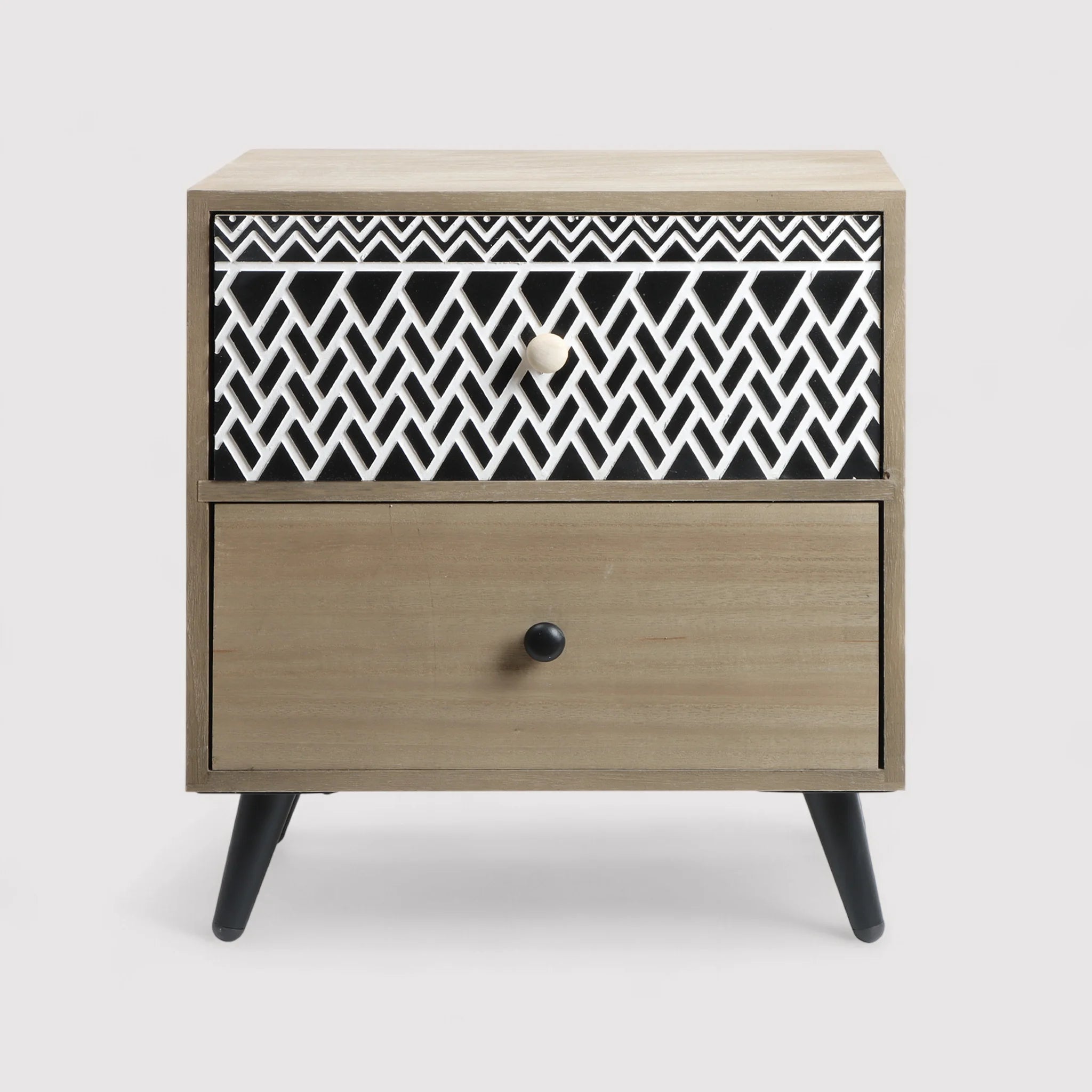 Kanoko - Comodino basso in stile boho con 2 cassetti