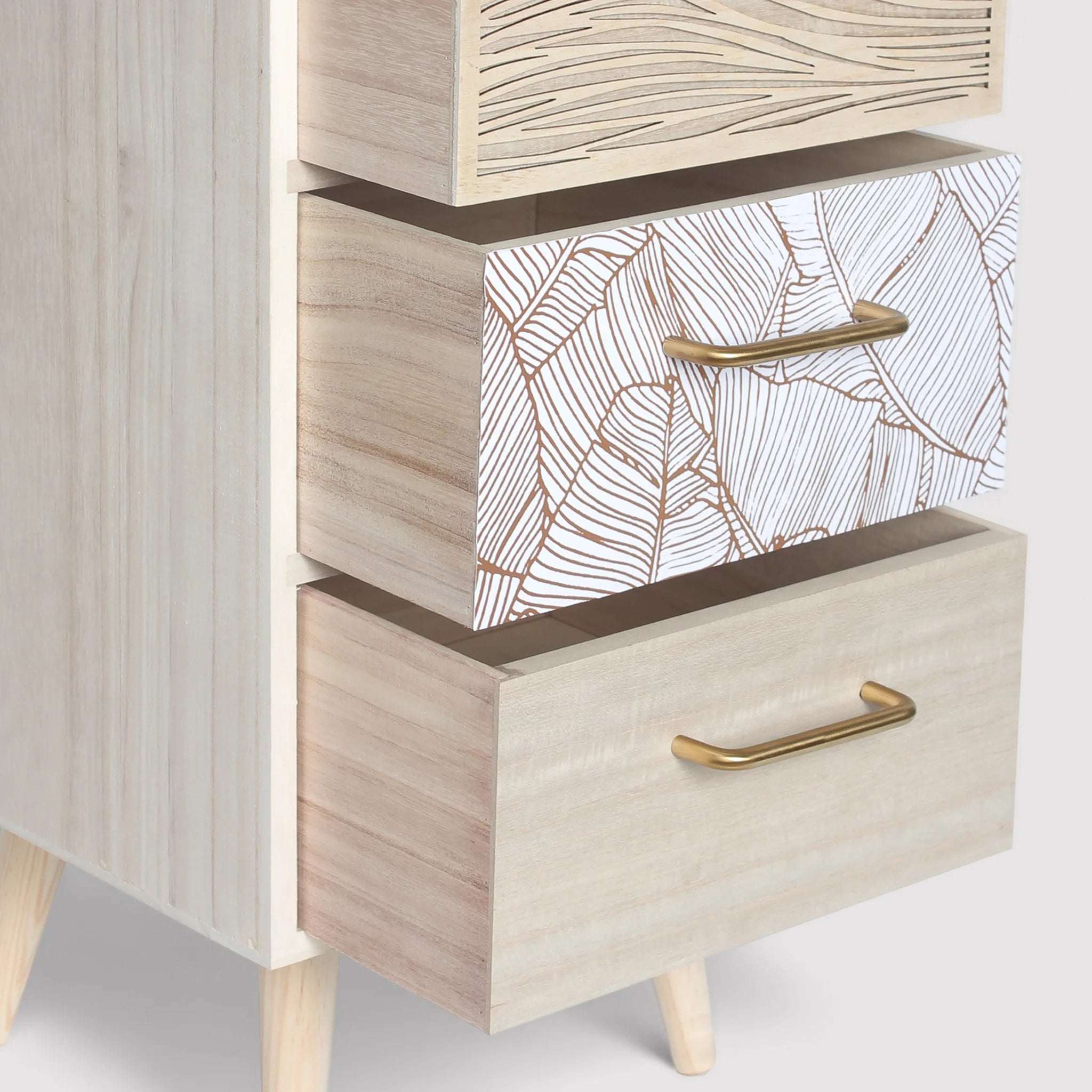 Chayote - Comodino in stile boho con 3 cassetti e piedini