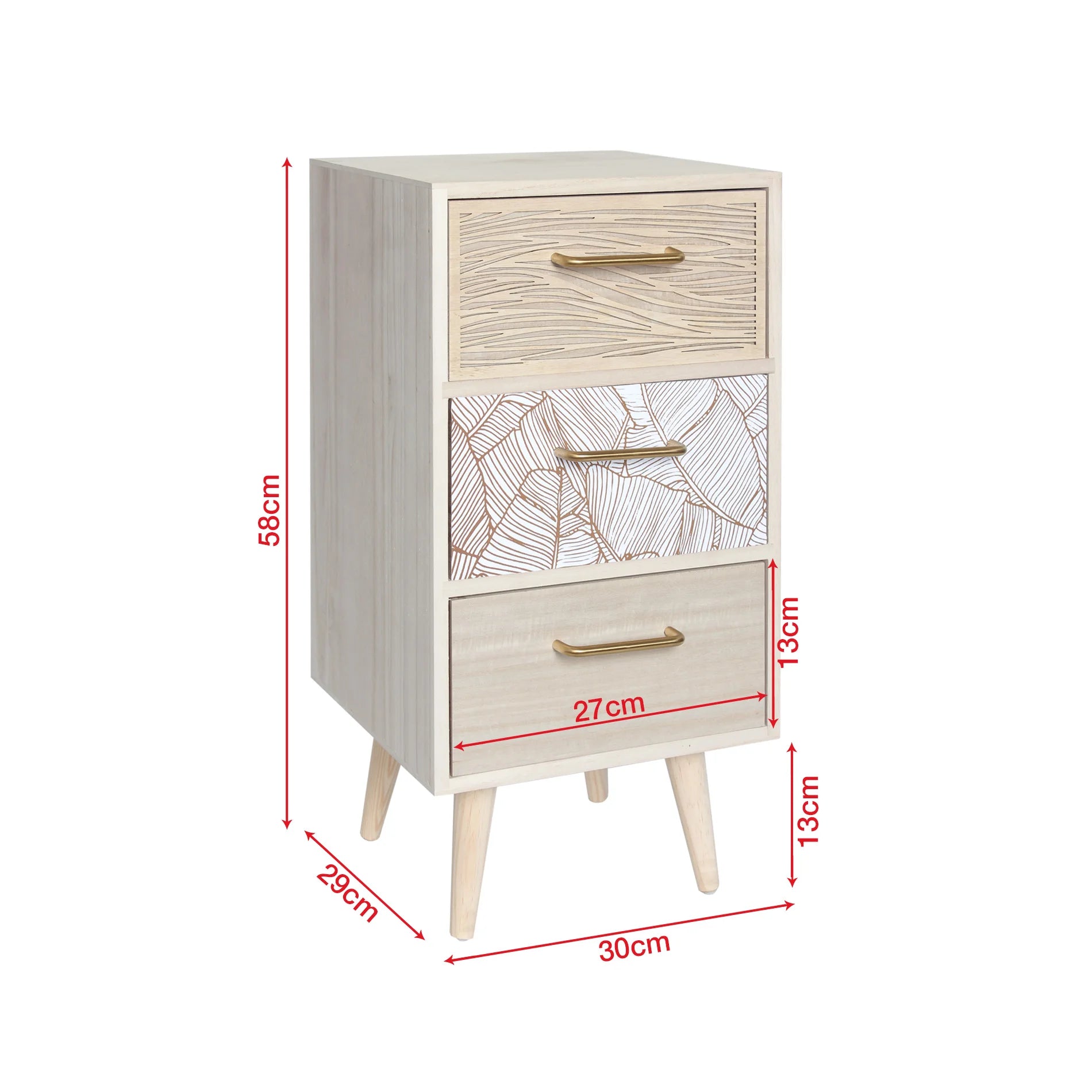 Chayote - Comodino in stile boho con 3 cassetti e piedini