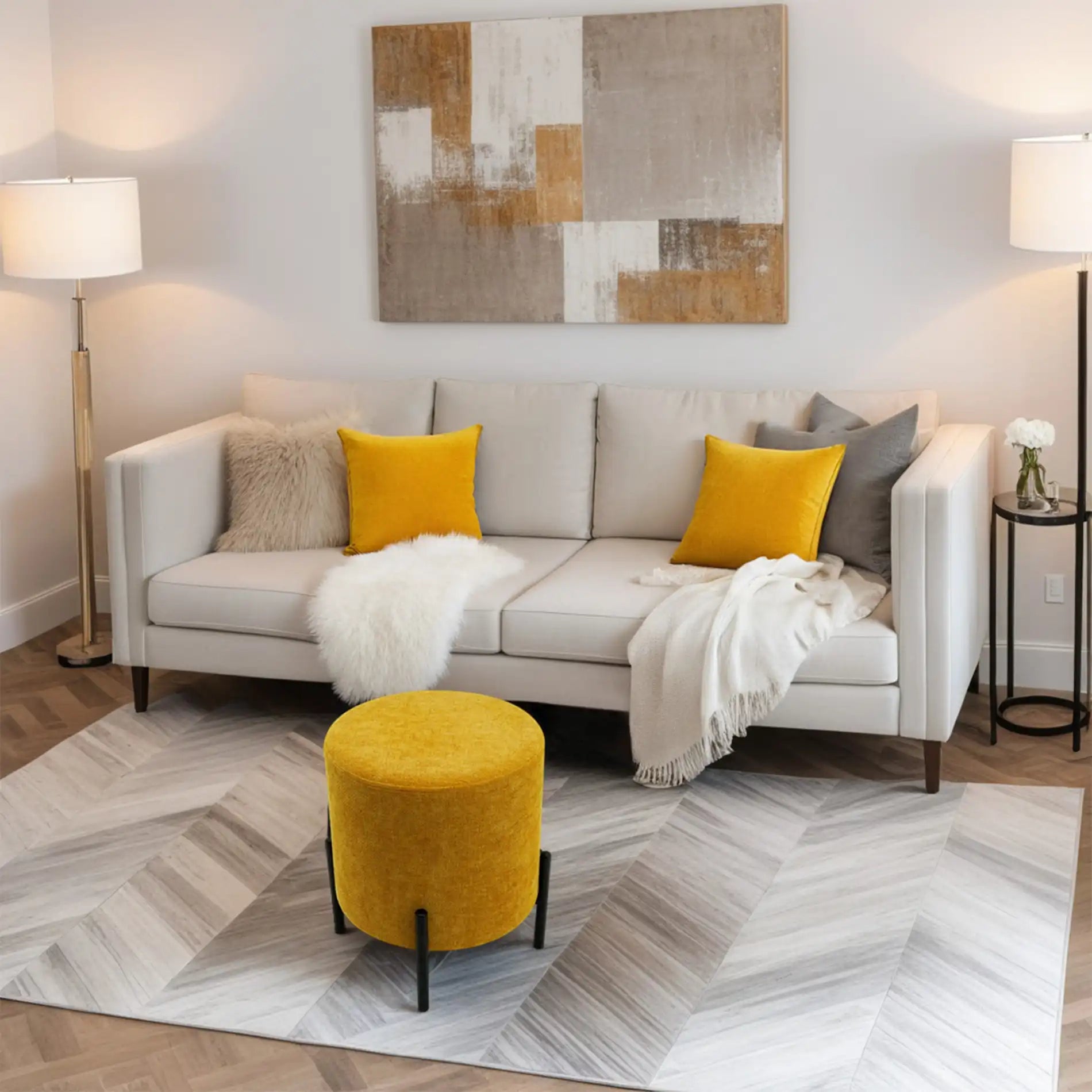 Cerro - Pouf sgabello giallo senape con piedi in acciaio