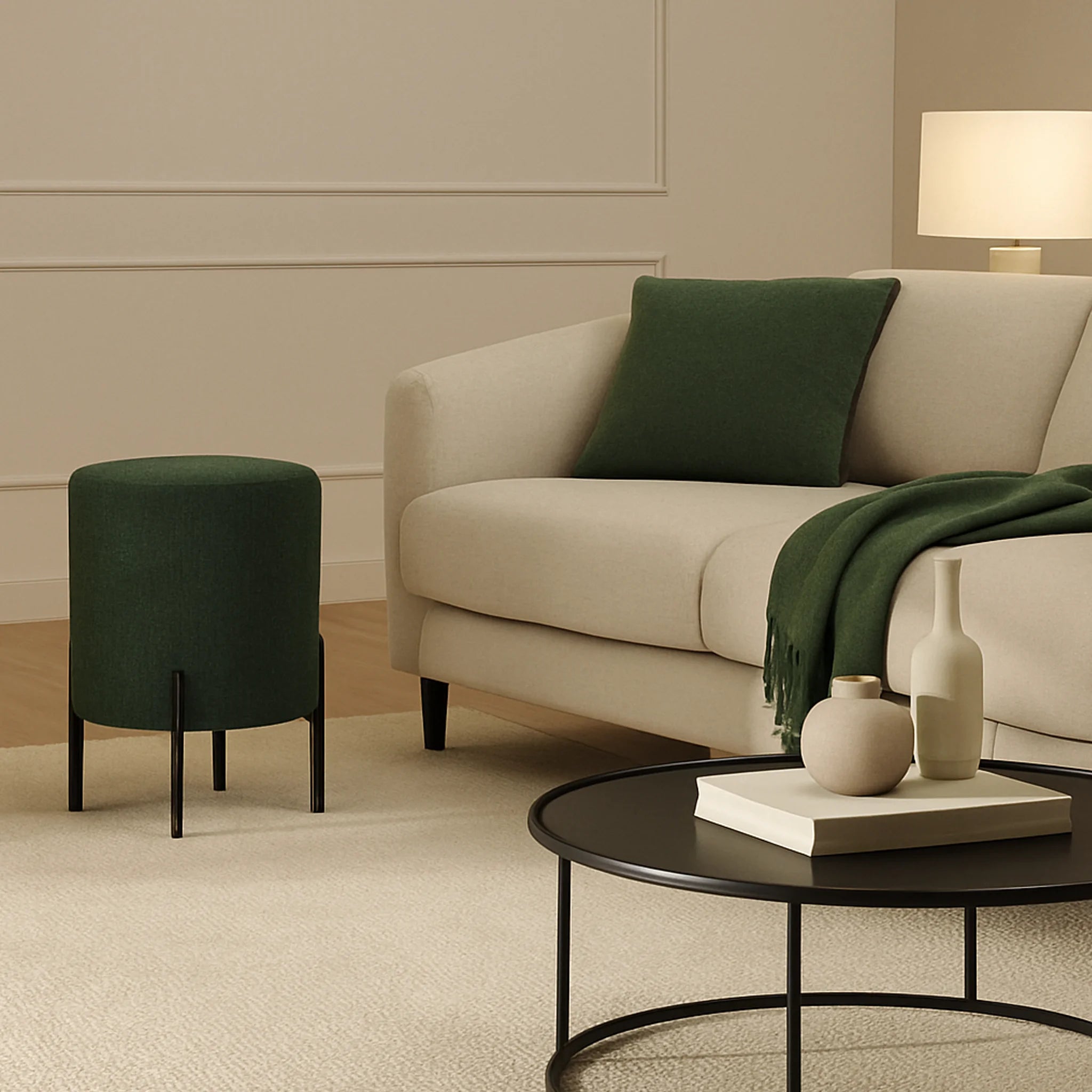 Daikon - Pouf sgabello tondo verde scuro in stile moderno