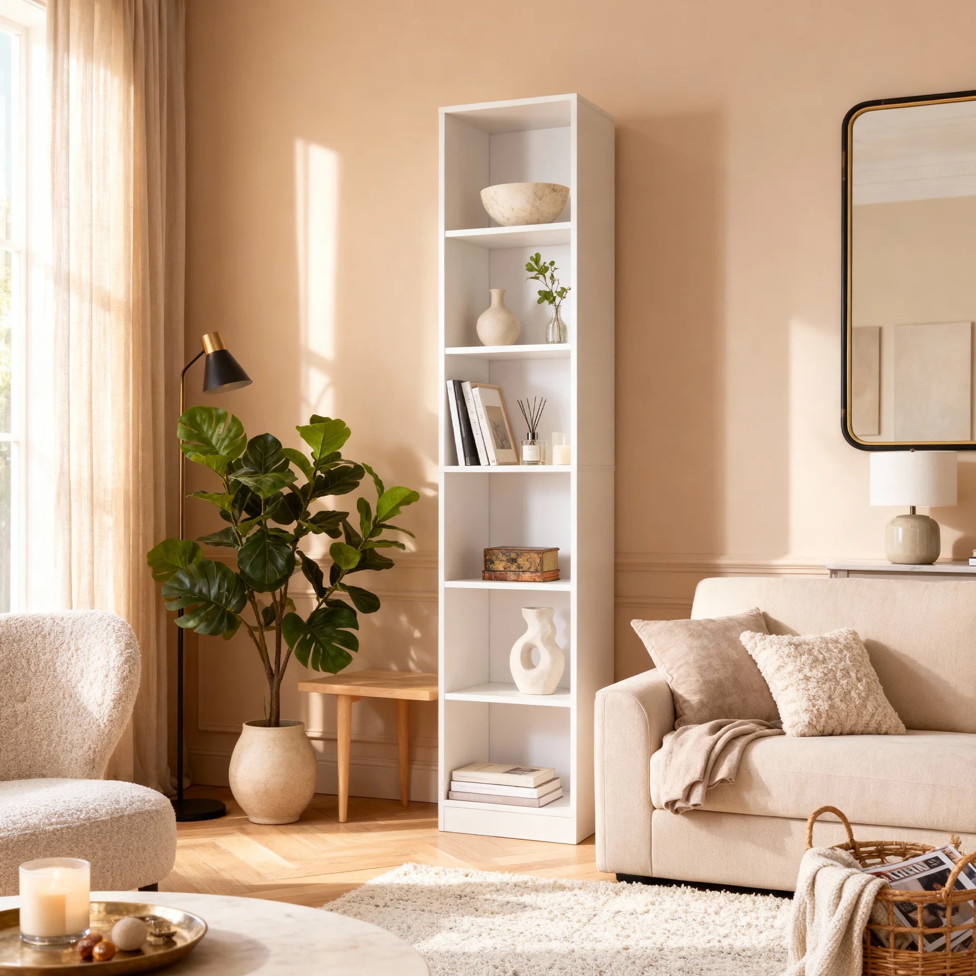 Akras - Bibliothèque haute et étroite blanche avec 10 étagères