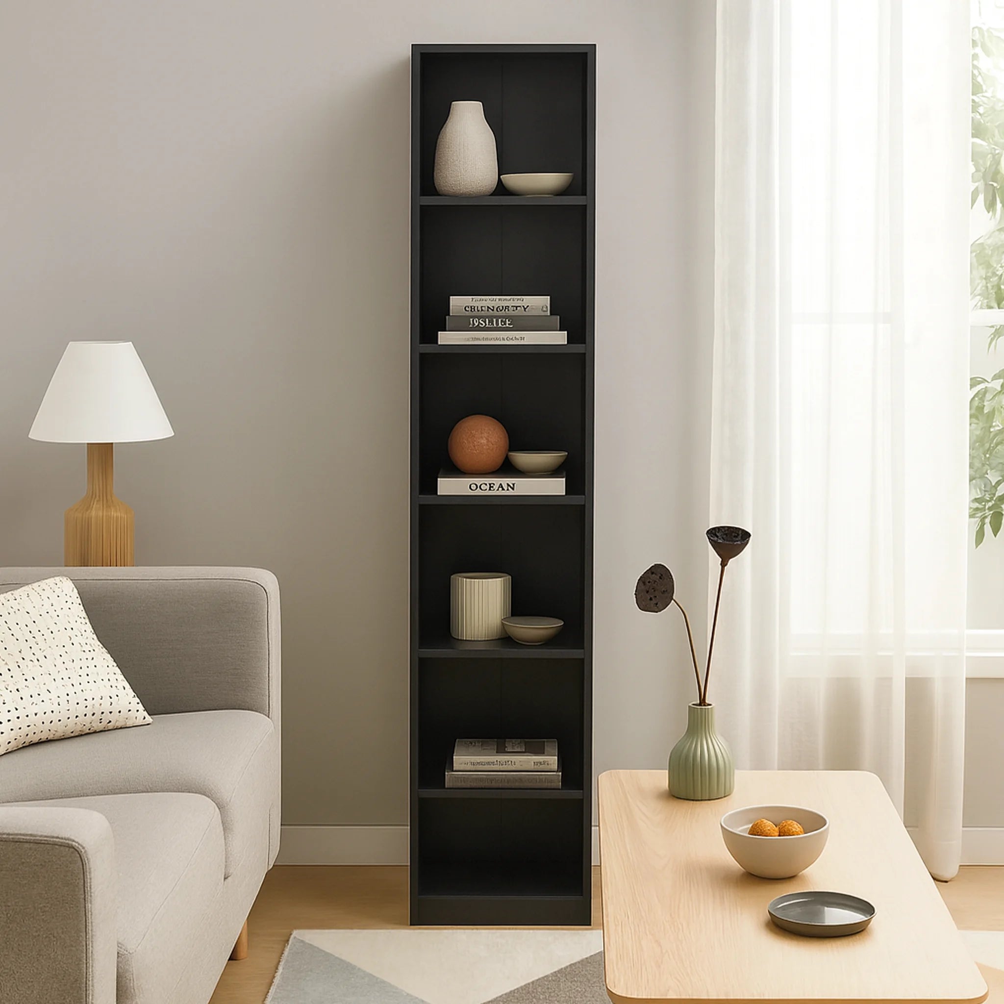 Suyuk - Libreria slim salvaspazio nera con 10 scaffali