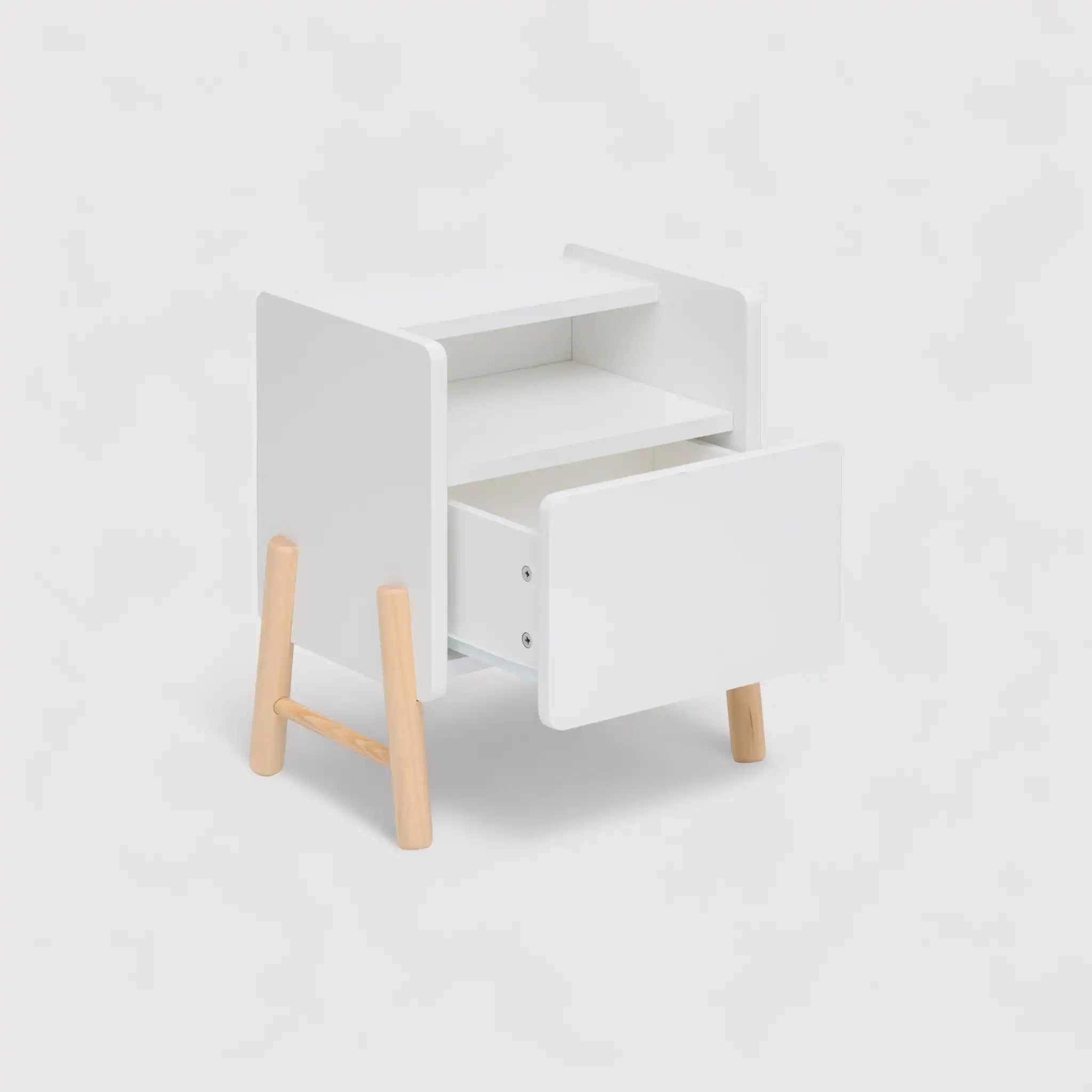 Kelen - Comodino bianco per bambini con 2 ripiani e 1 cassetto