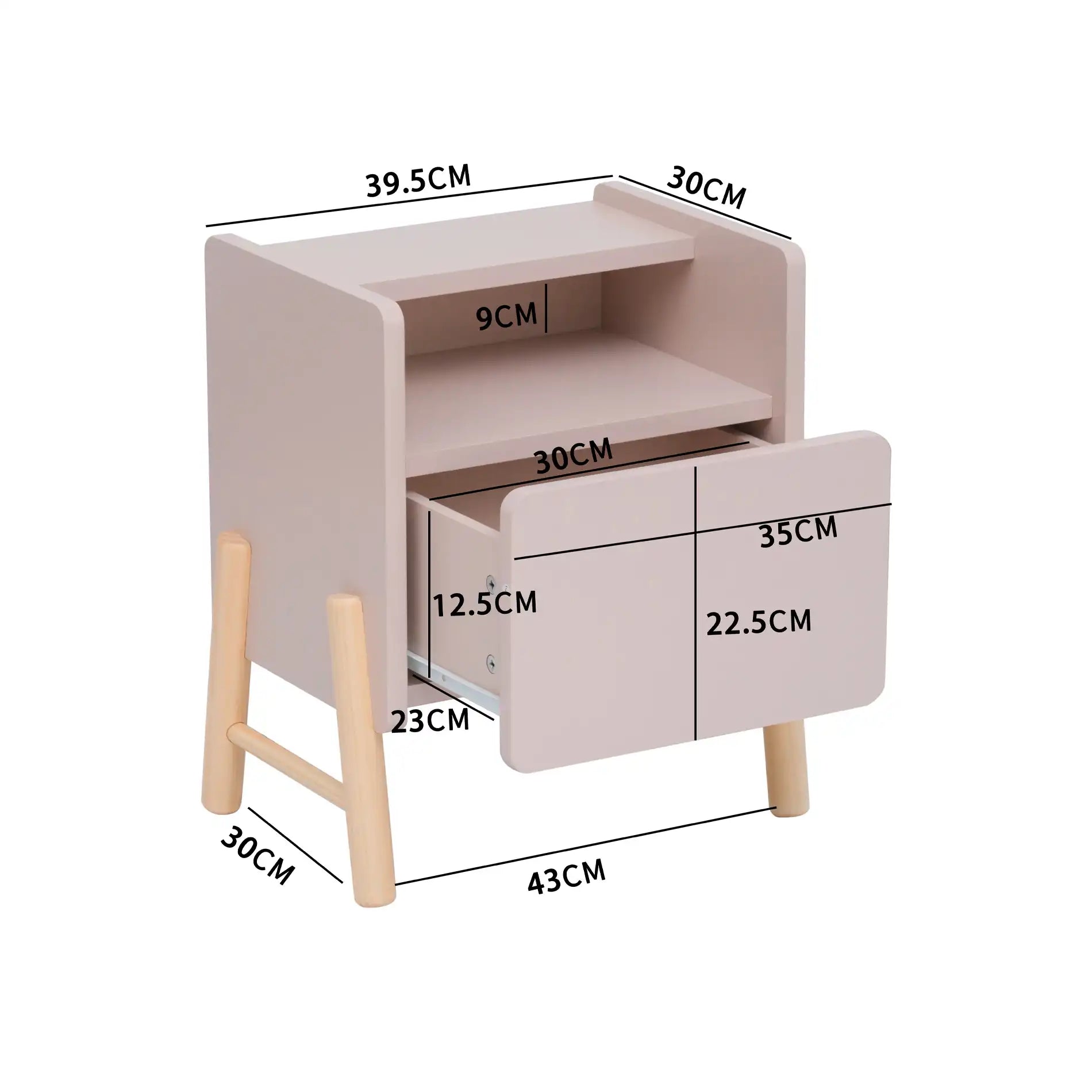 Rasam - Comodino rosa con 2 ripiani e 1 cassetto per camerette