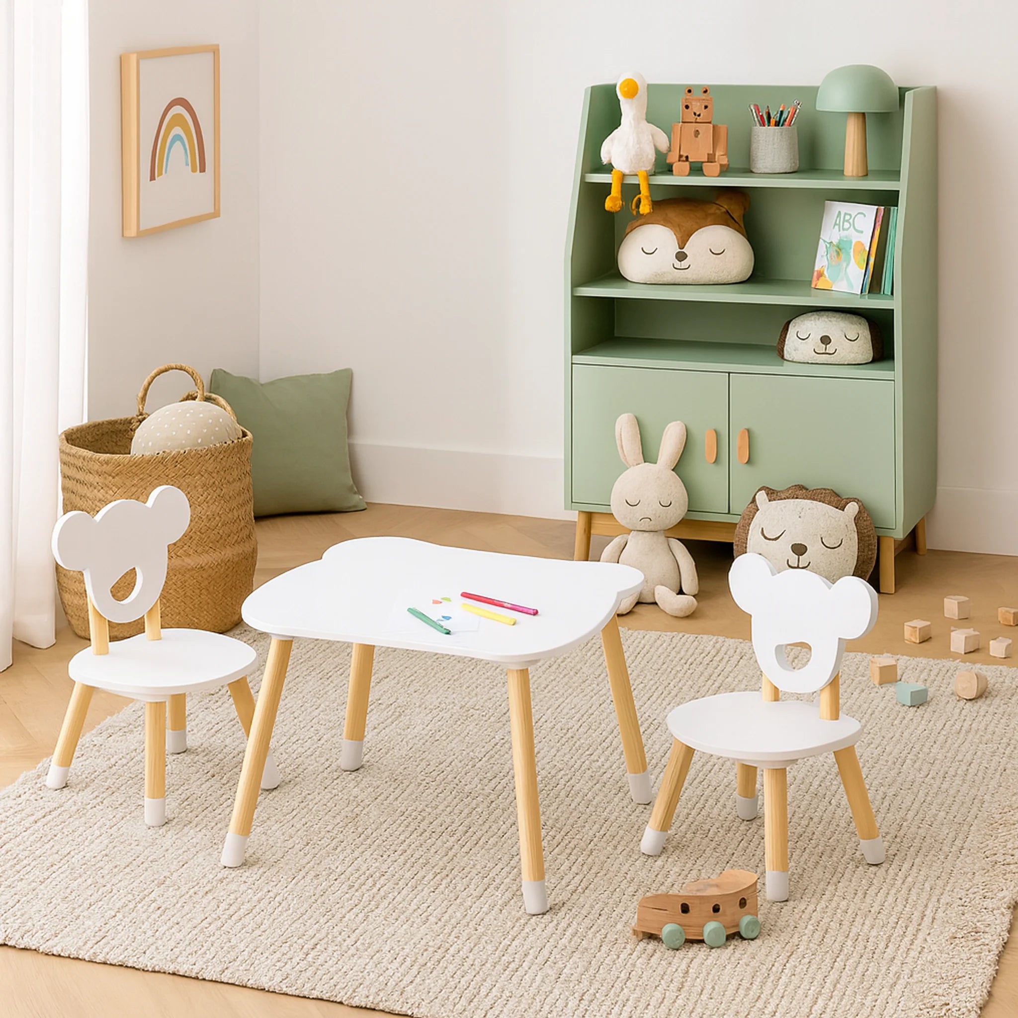 Nefel - Set tavolino per bambini e 2 seggiole bianco e marrone