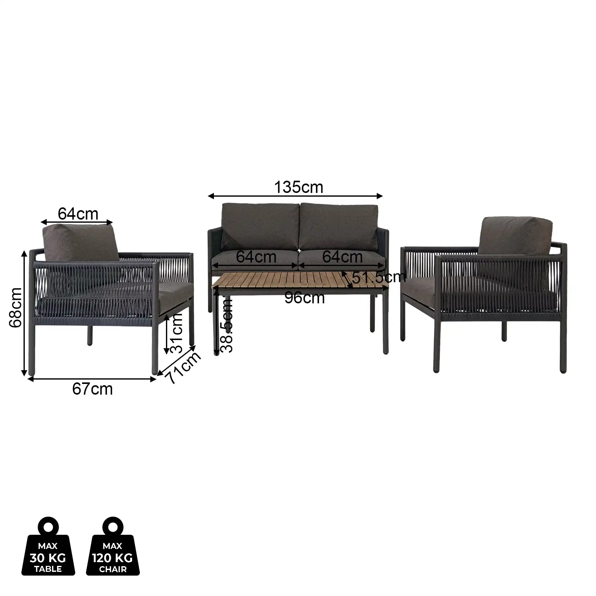 Felfel - Set mobili da giardino con 3 divani e un tavolino