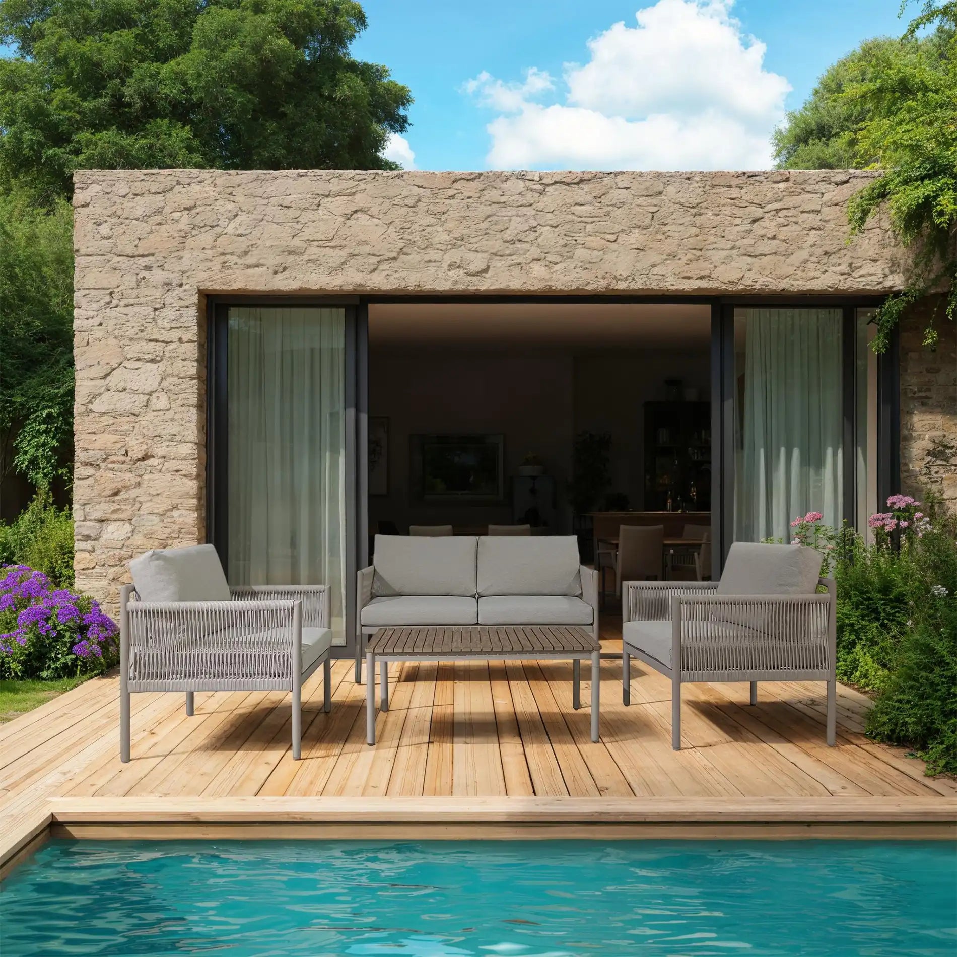 Makopa - Set da esterno grigio chiaro con 3 poltrone e un tavolino