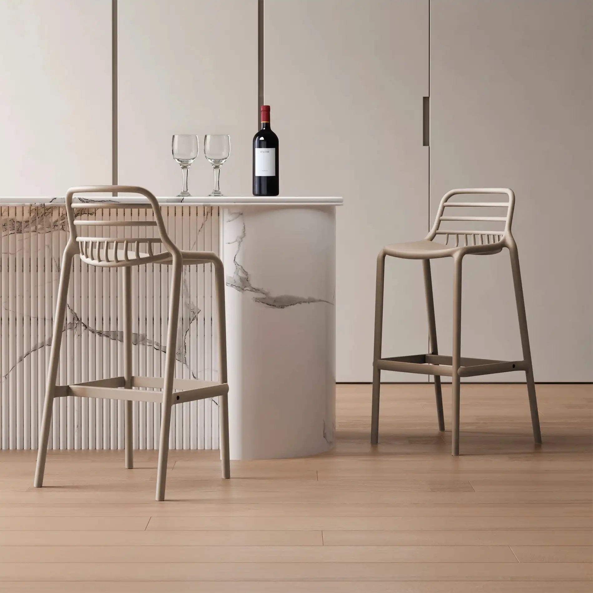 Pteris - Coppia di sgabelli da bar grigio tortora per casa o esterno