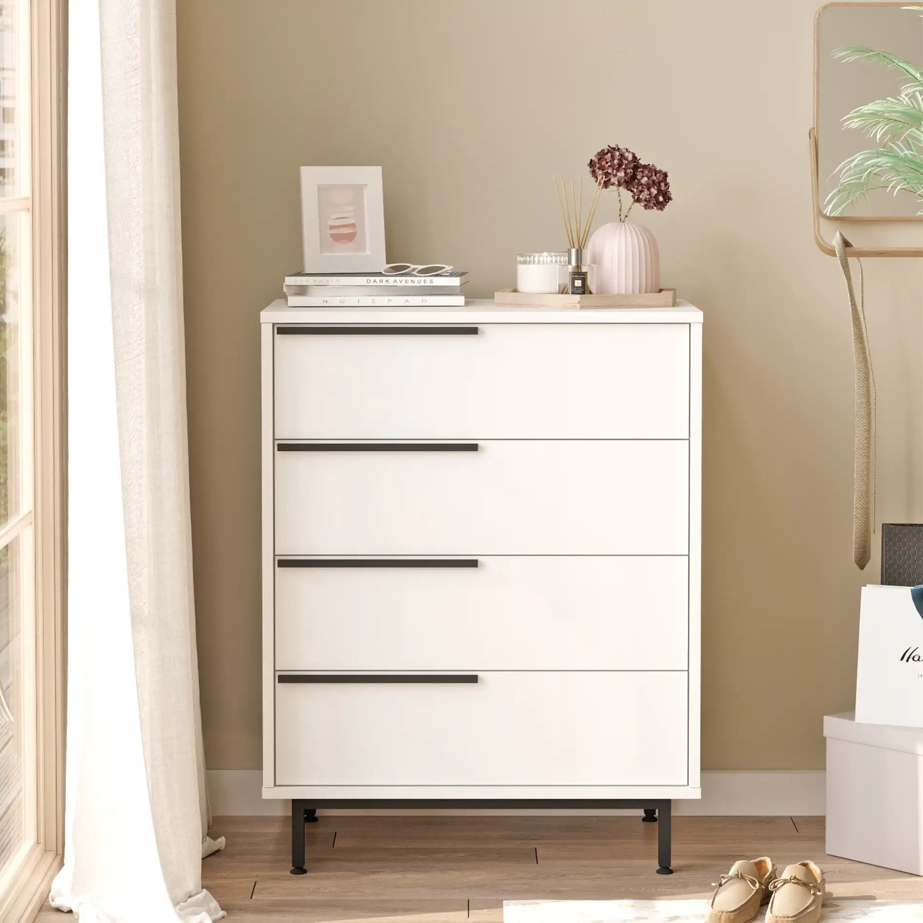 Vahona - Cassettiera bianca moderna con 4 cassetti