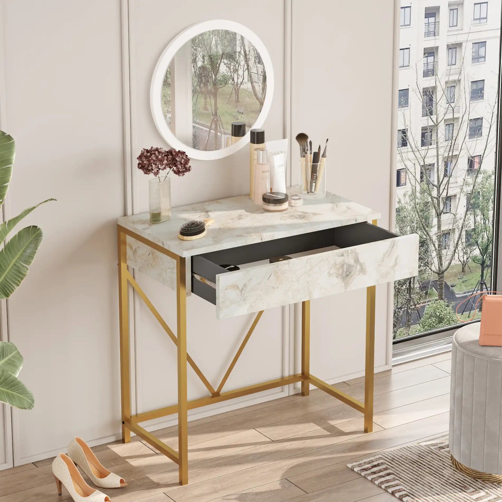 Lycium - Consola blanca efecto mármol y dorado con espejo