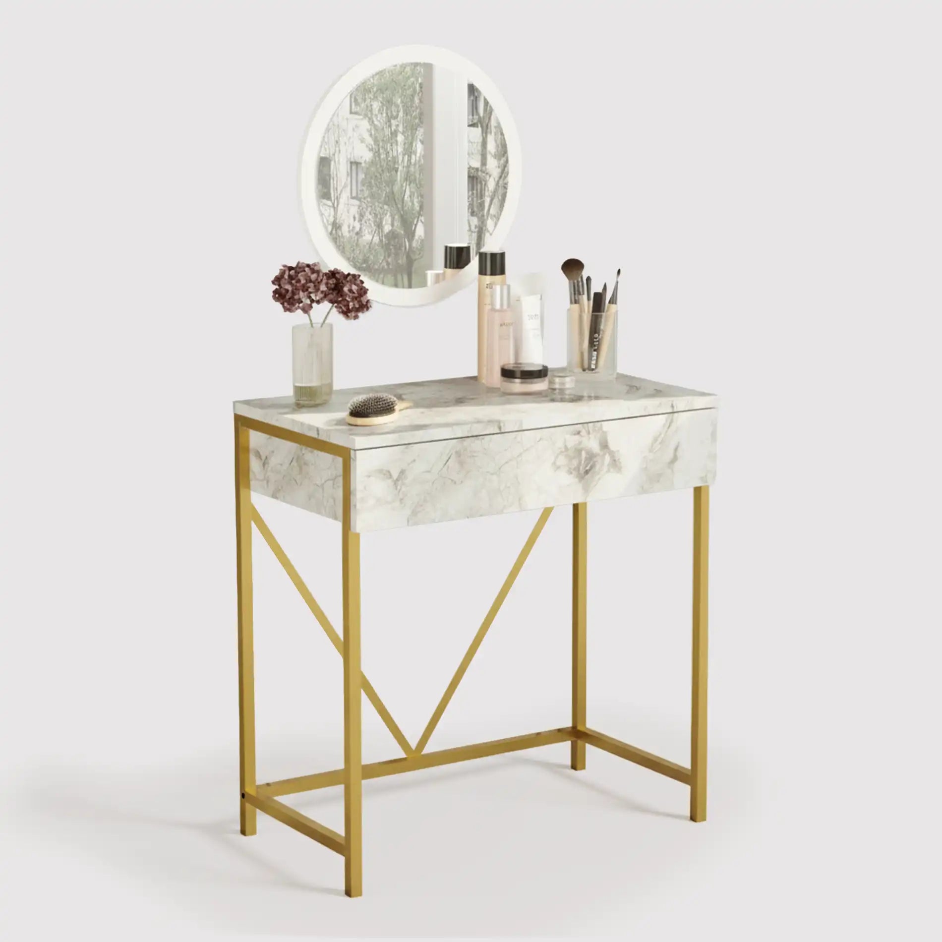 Lycium - Consola blanca efecto mármol y dorado con espejo