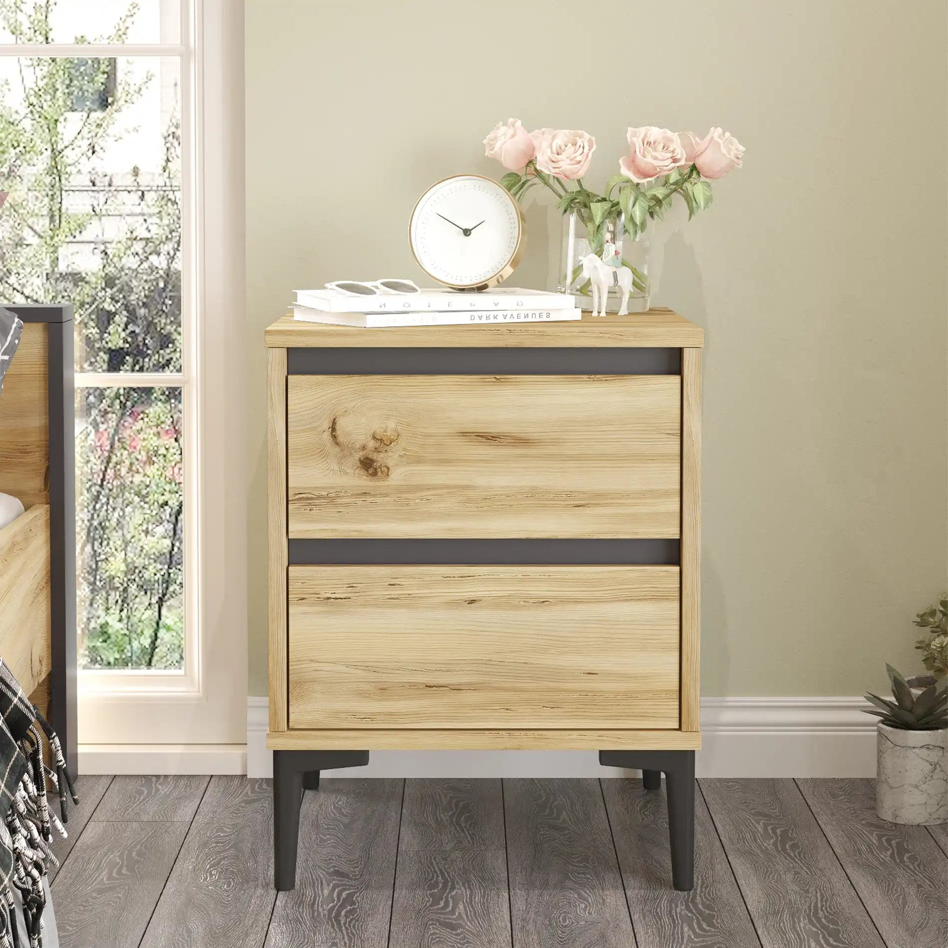 Okwara - Comodino stile scandinavo marrone chiaro con 2 cassetti