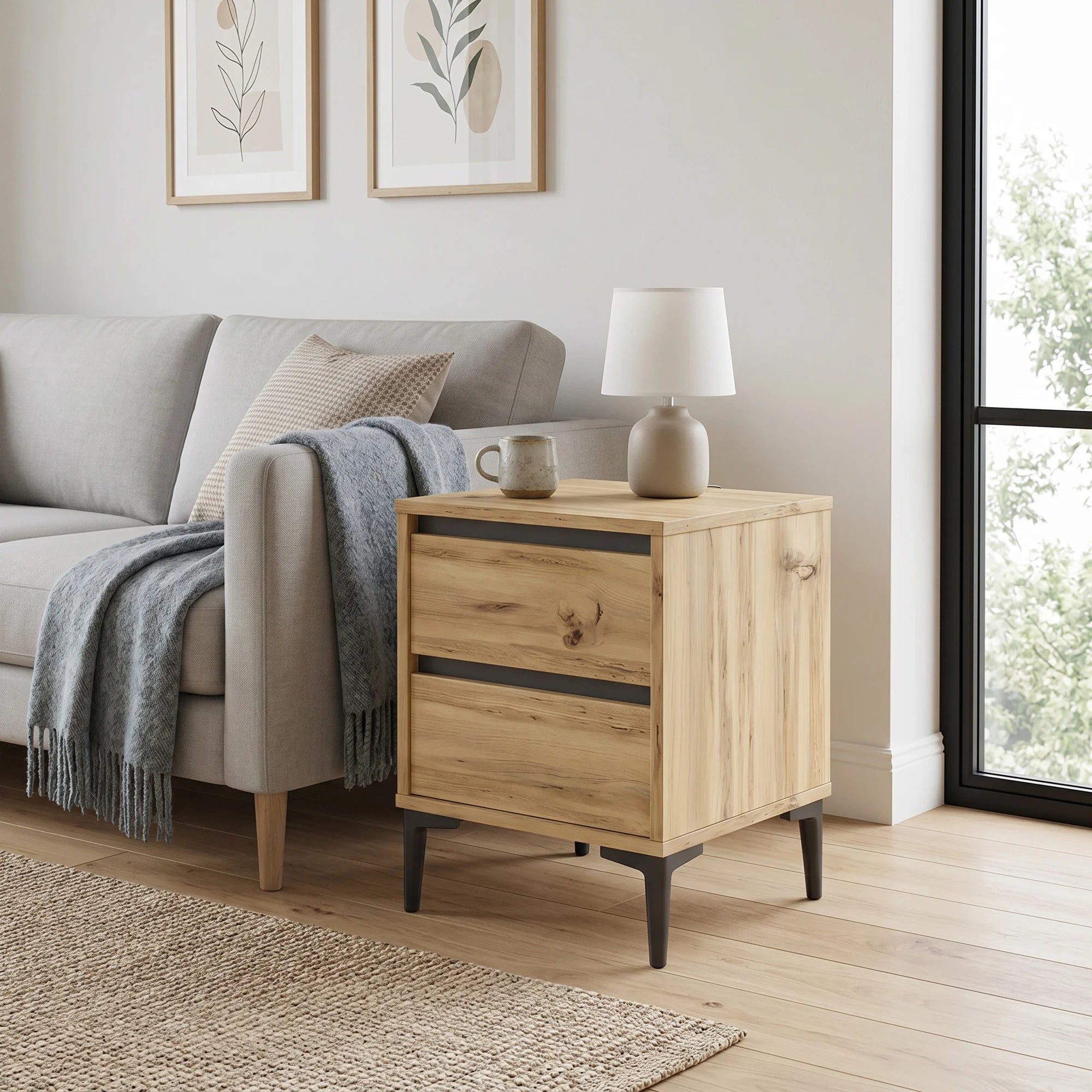 Okwara - Comodino stile scandinavo marrone chiaro con 2 cassetti