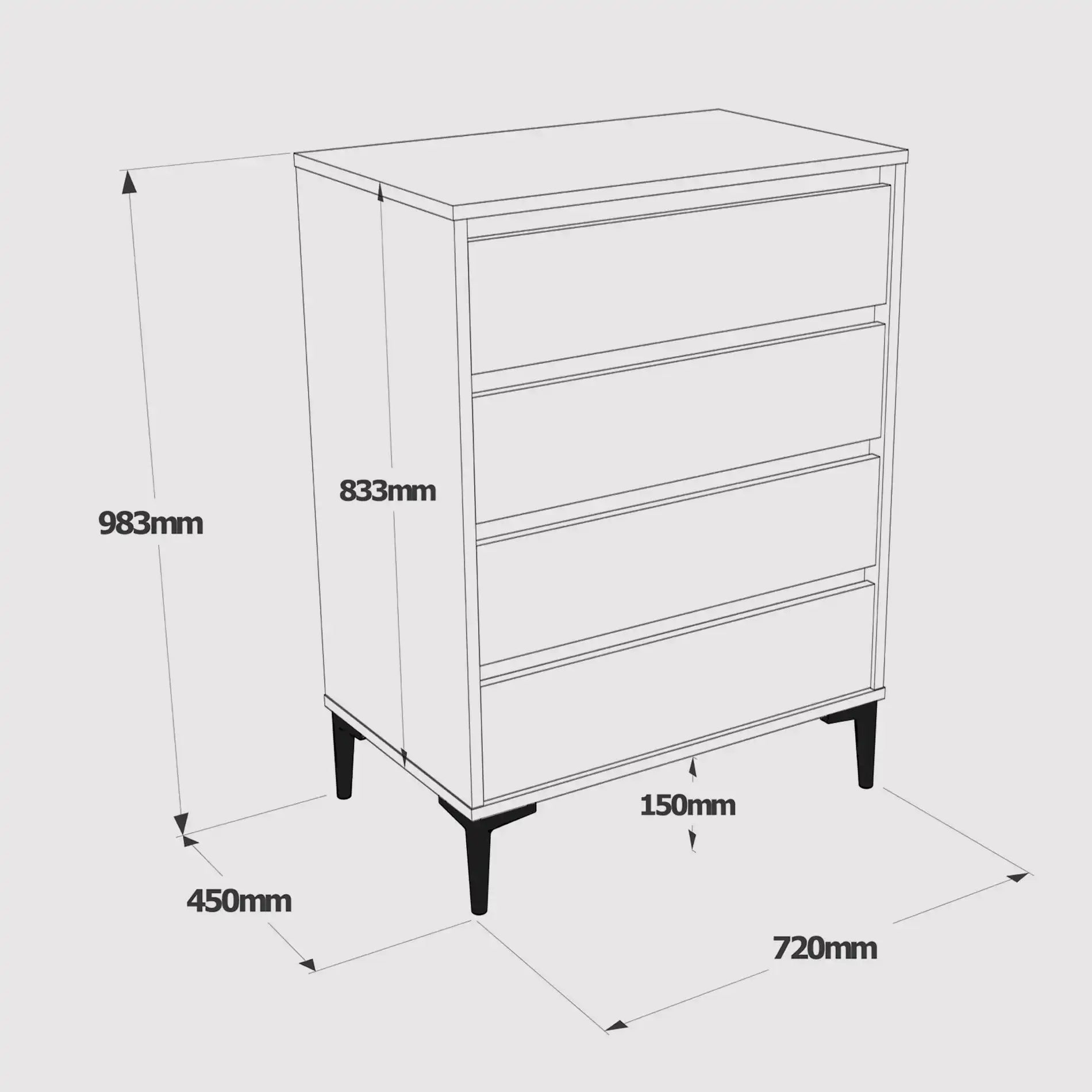 Yarala - Cassettiera stile scandinavo marrone chiaro con 4 cassetti
