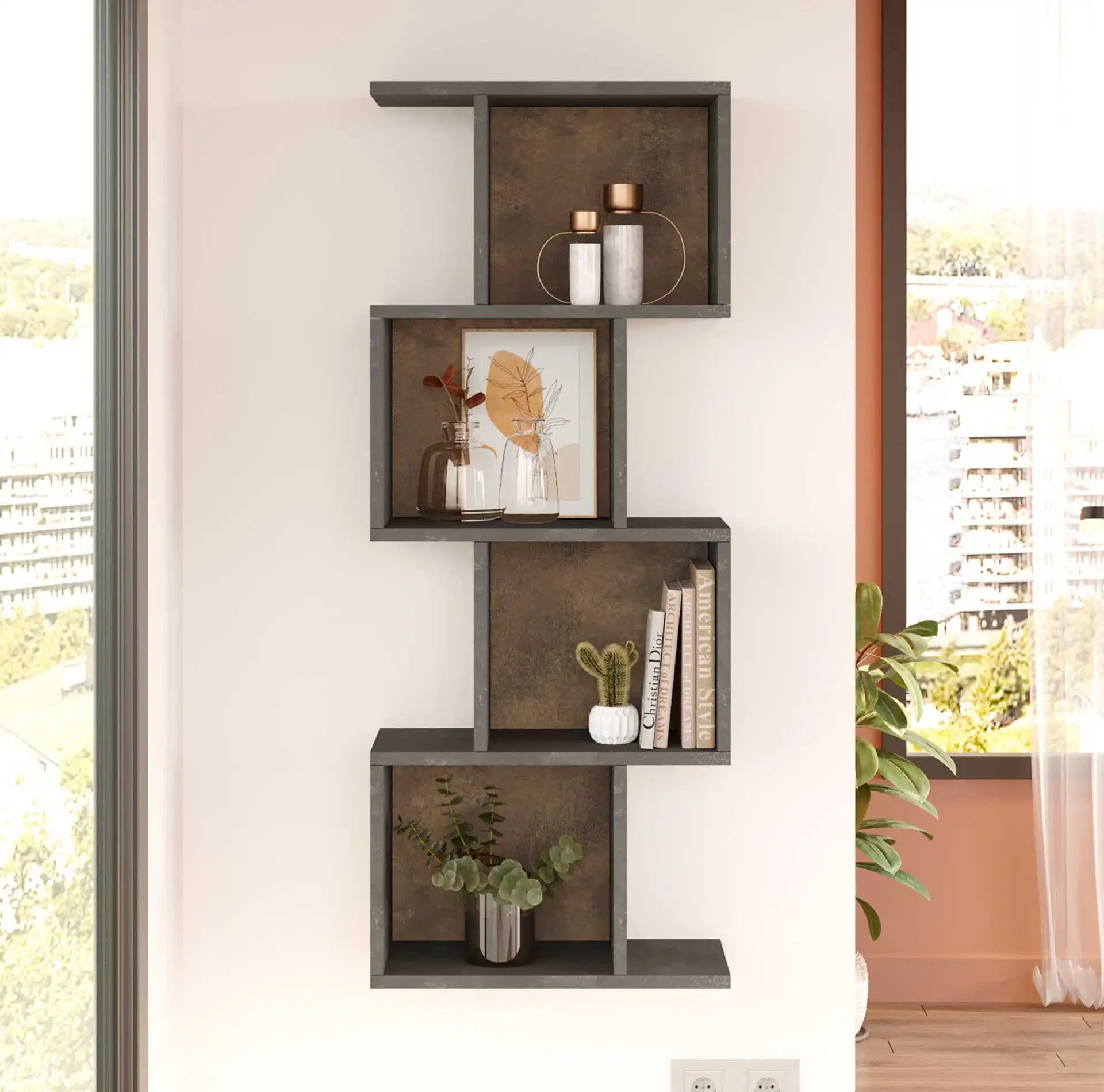 Halleria - Libreria pensile grigio effetto cemento con 4 vani