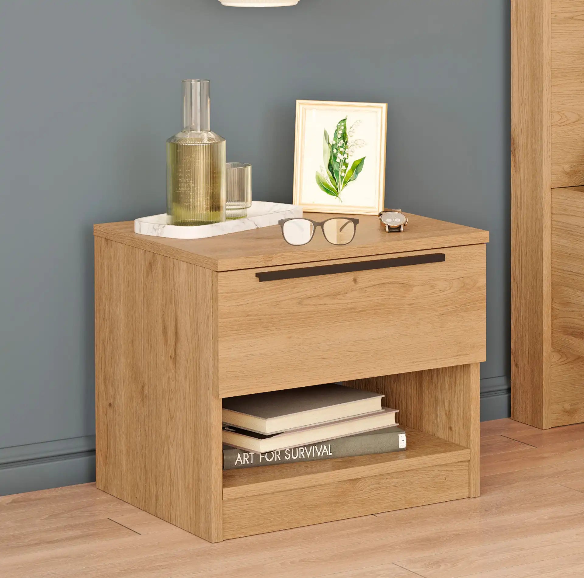 Helba - Comodino basso scandinavo con 1 cassetto