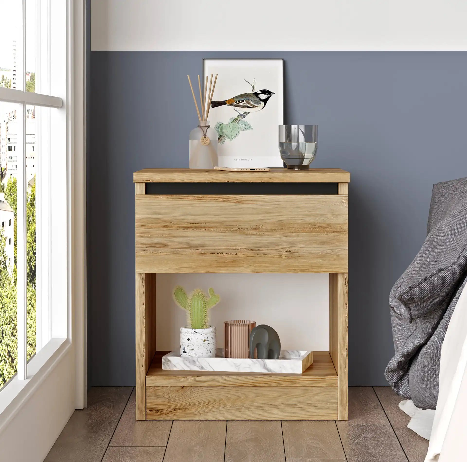 Marzeh - Comodino moderno color rovere chiaro con 1 cassetto