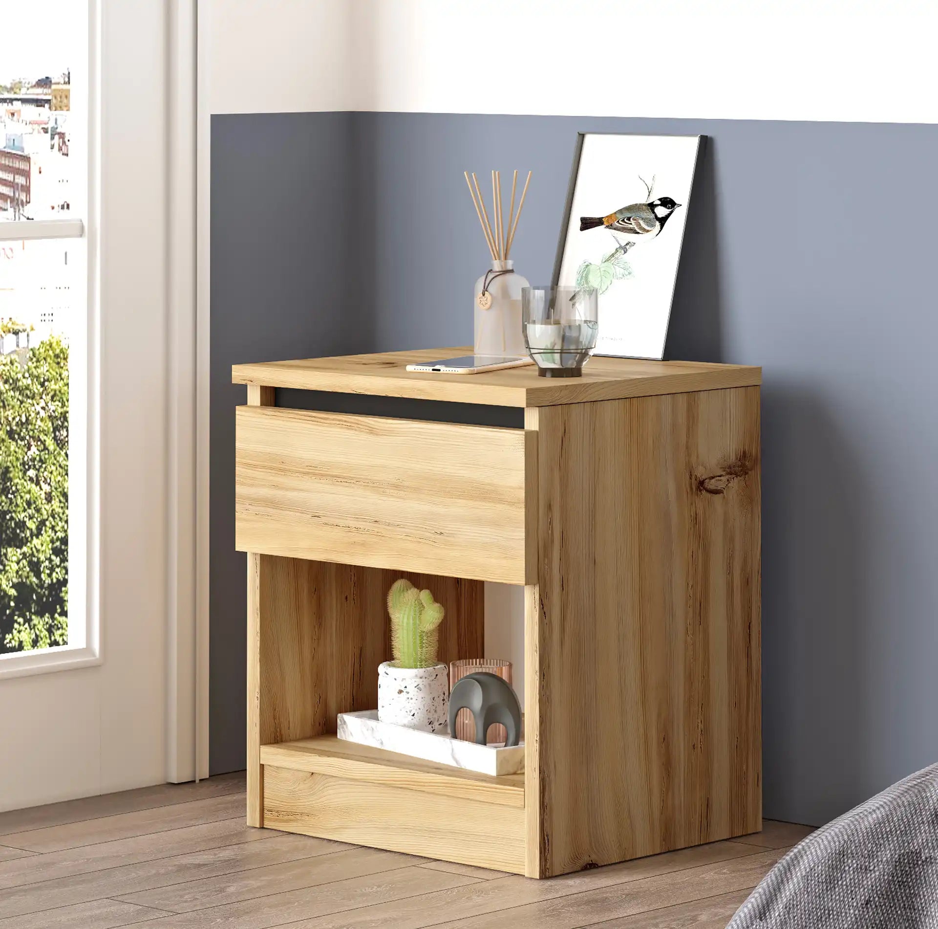 Marzeh - Comodino moderno color rovere chiaro con 1 cassetto