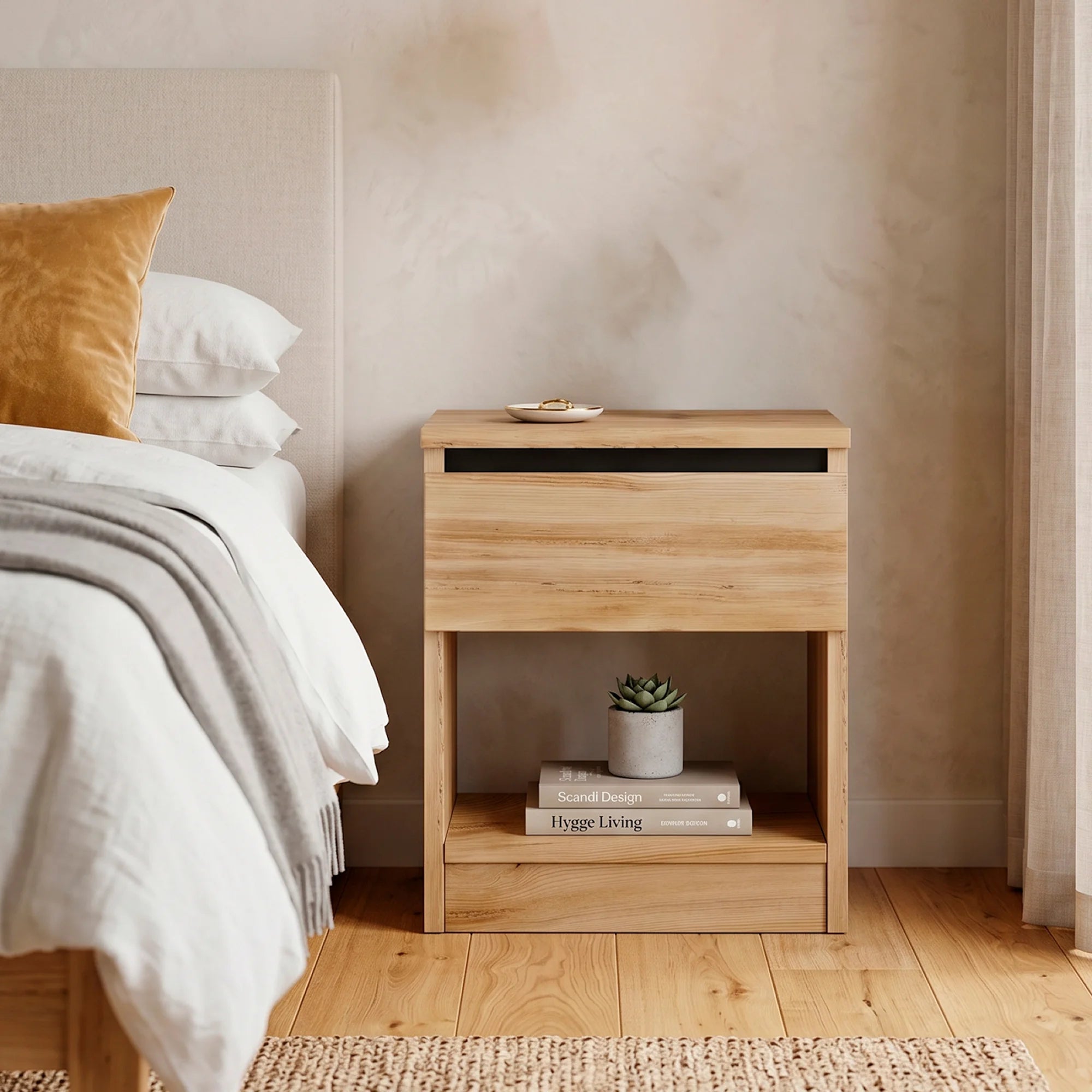 Marzeh - Comodino moderno color rovere chiaro con 1 cassetto
