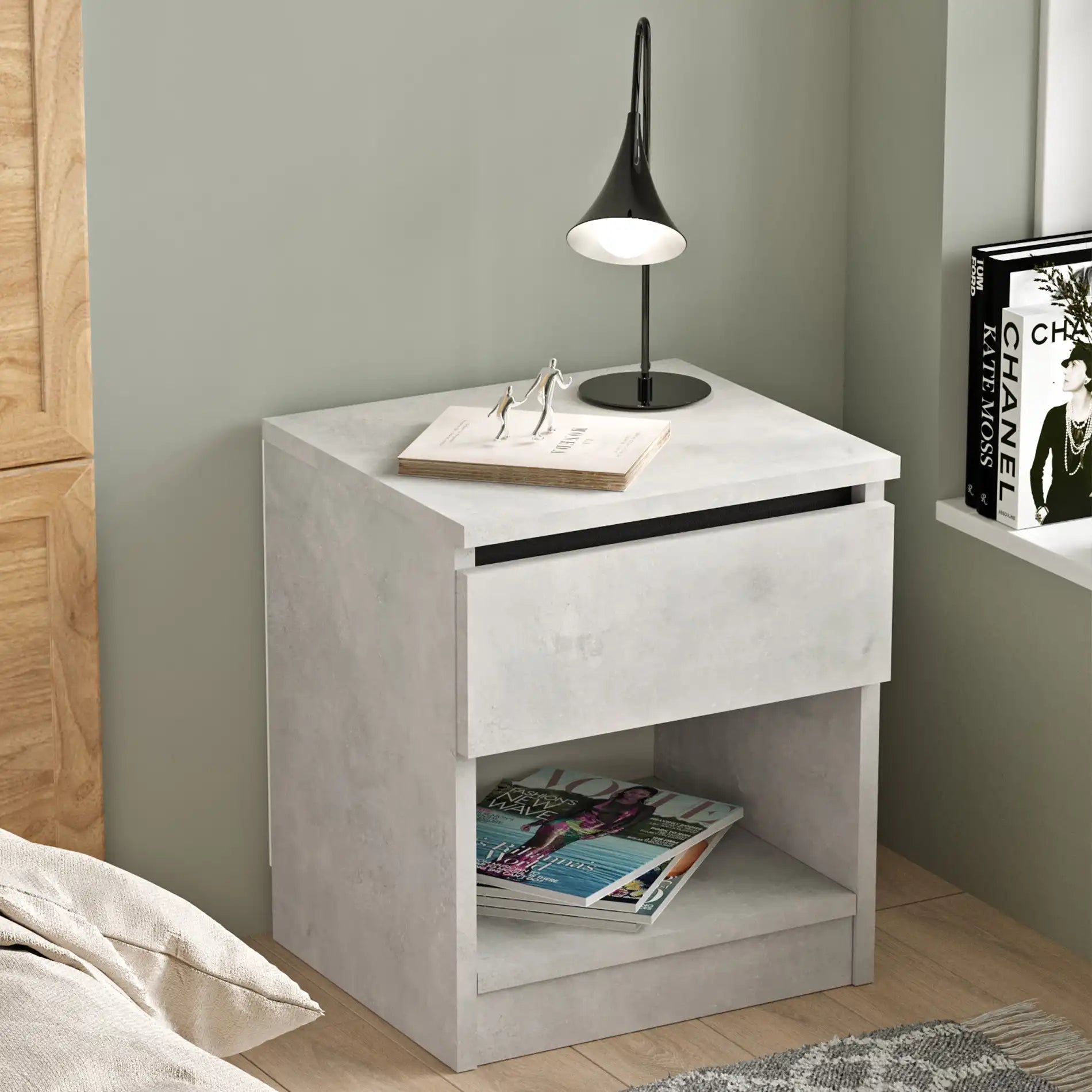 Kanuka - Comodino moderno color grigio pietra con 1 cassetto