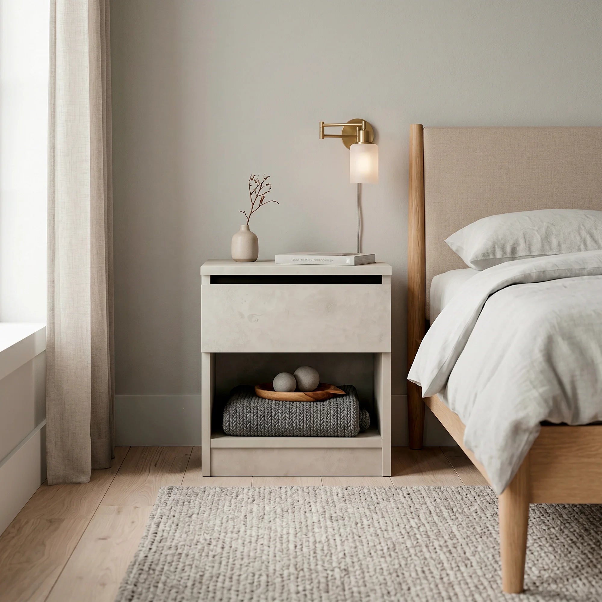 Kanuka - Comodino moderno color grigio pietra con 1 cassetto