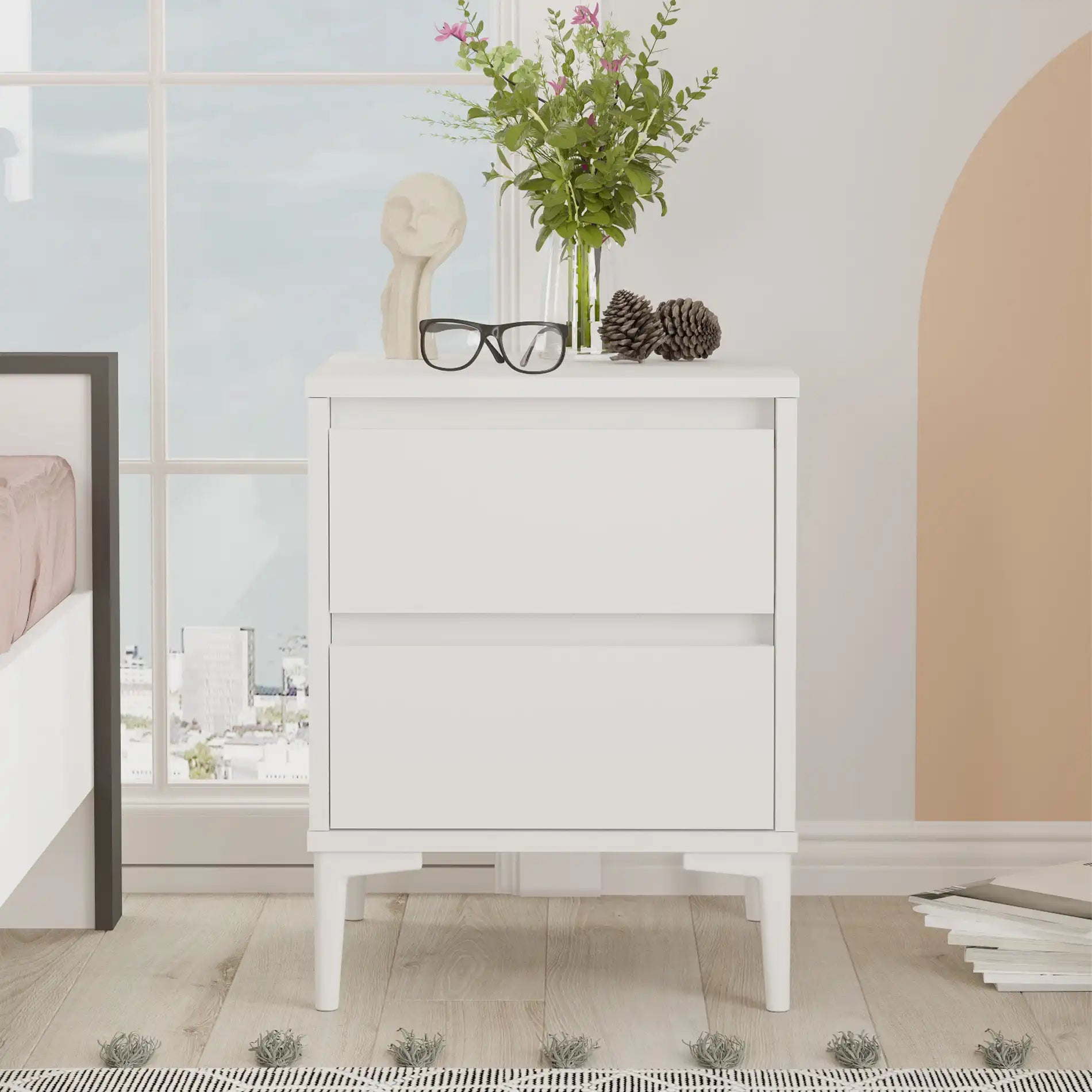 Hayl - Comodino bianco in stile moderno con 2 cassetti