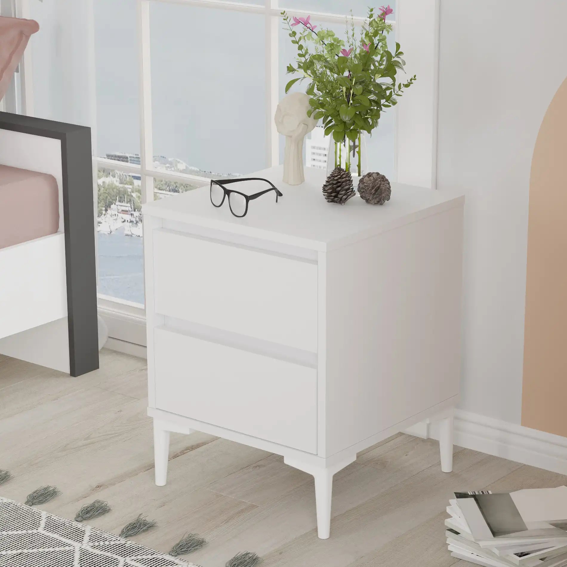 Hayl - Comodino bianco in stile moderno con 2 cassetti